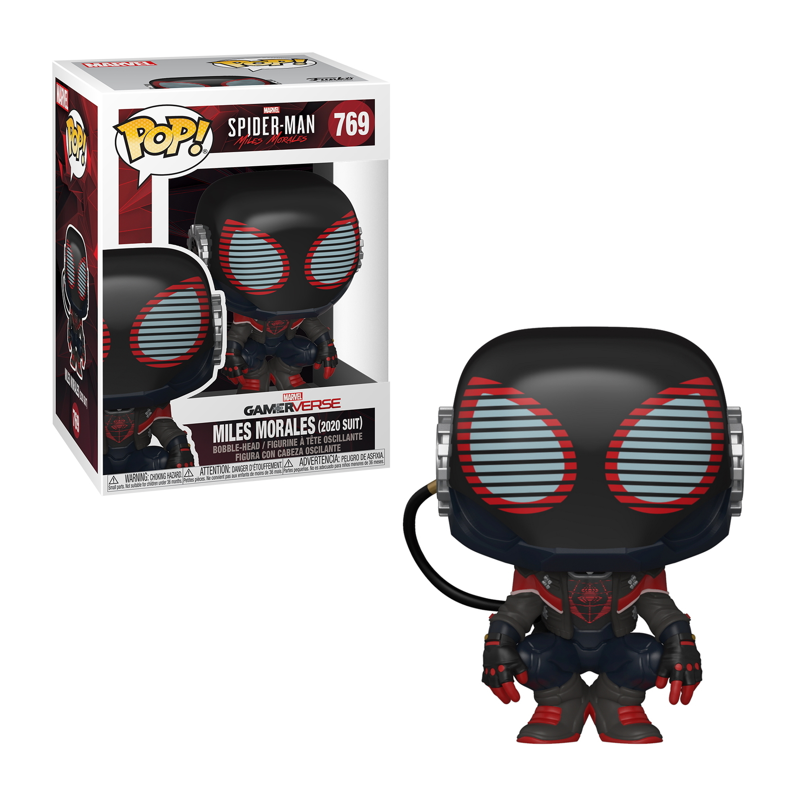 Miles Morales Spider-Man Figur. Box im Hintergrund.