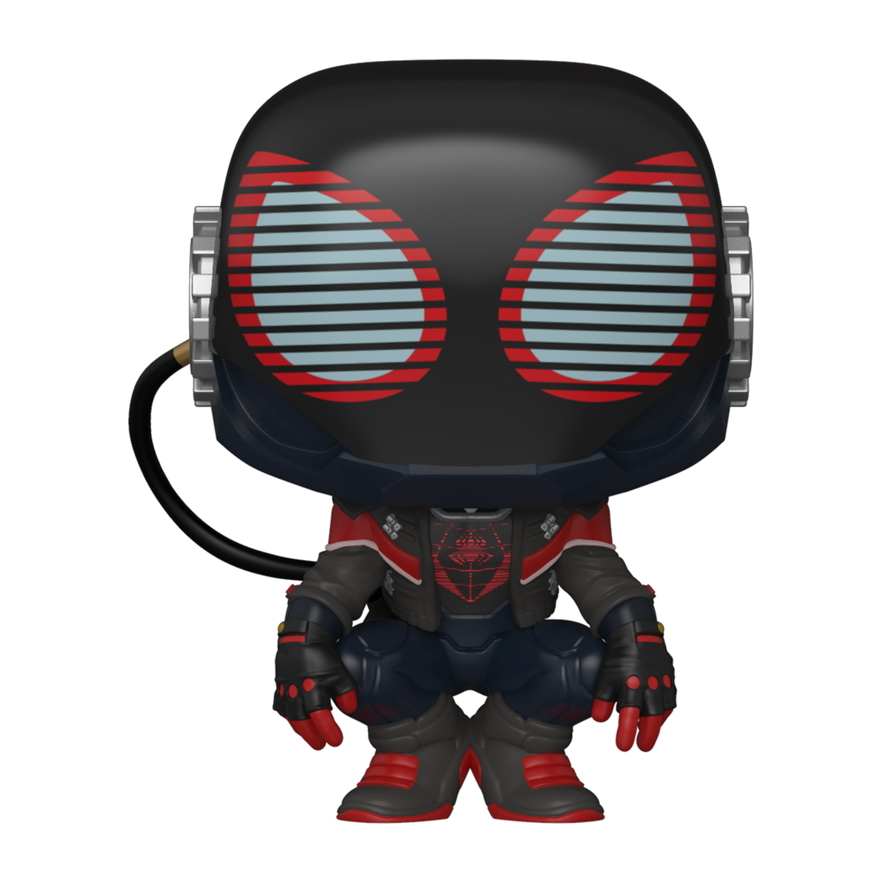 Eine Miles Morales Spider-Man Funko Pop Figur. Schwarzer Anzug mit roten Akzenten und Maske.