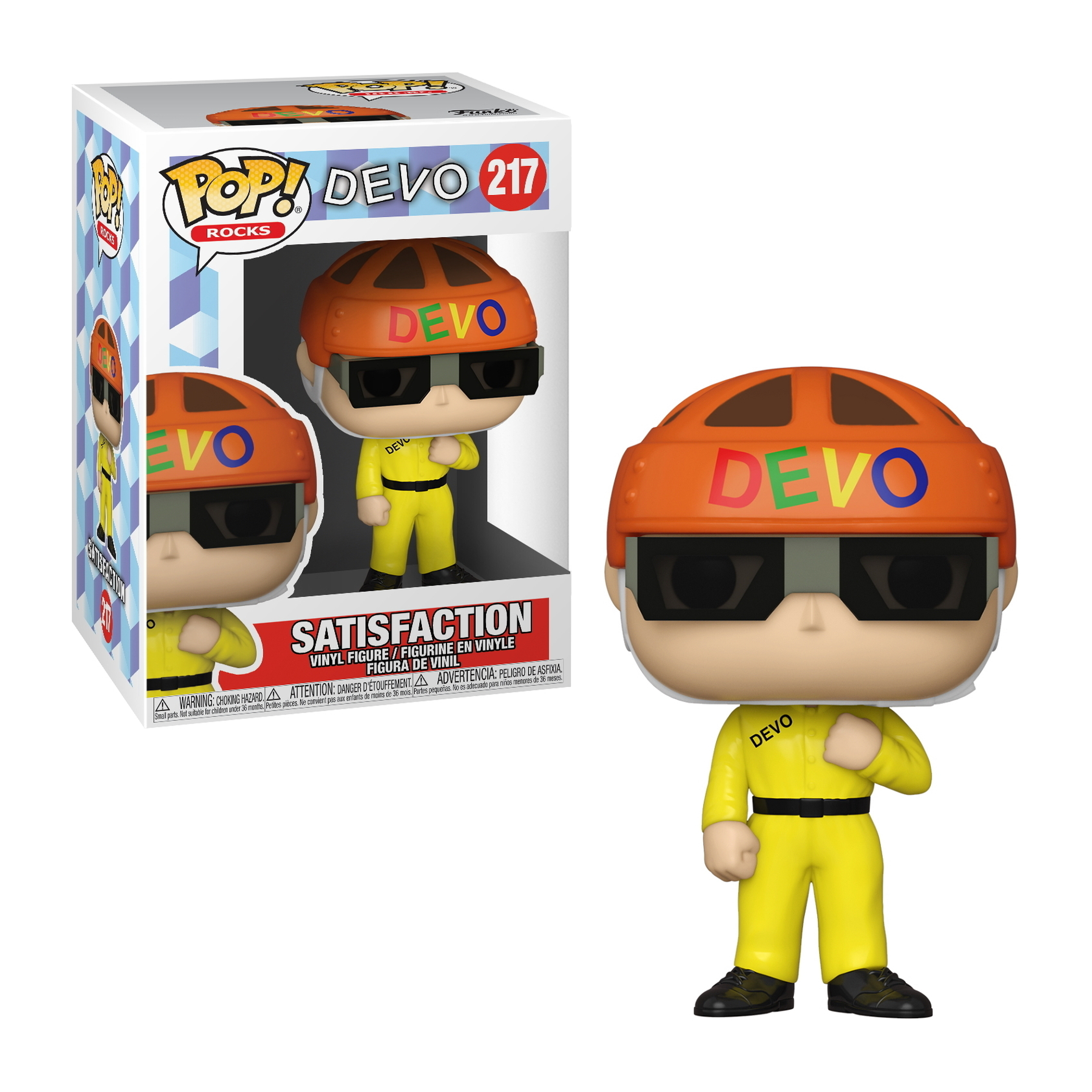 Funko Pop Figur einer Person in einem gelben Overall und einem orangefarbenen Helm mit dem Wort DEVO.