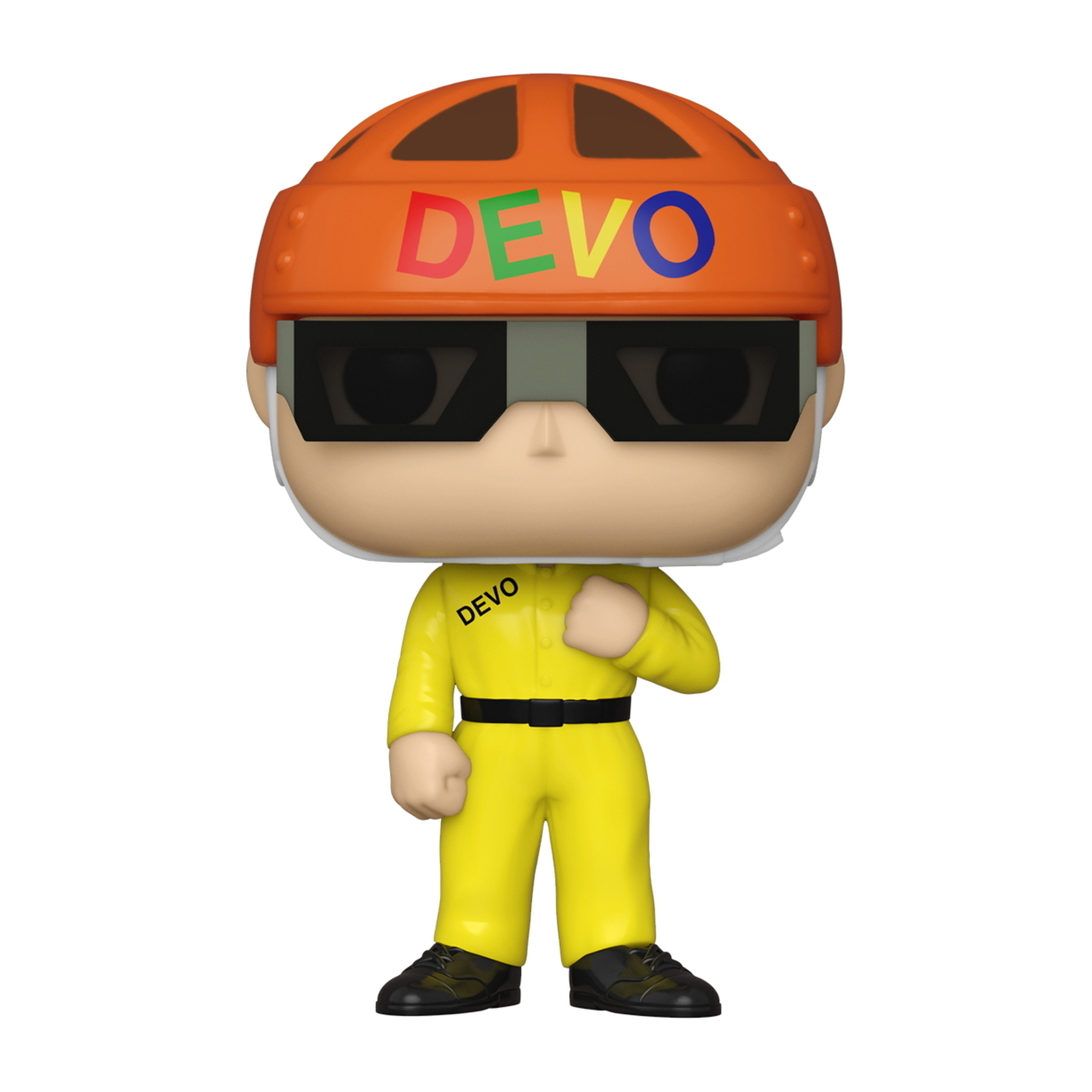 DEVO-Bandmitgliedfigur. Er trägt einen orangefarbenen Helm mit DEVO, einen gelben Overall und schwarze Schuhe.