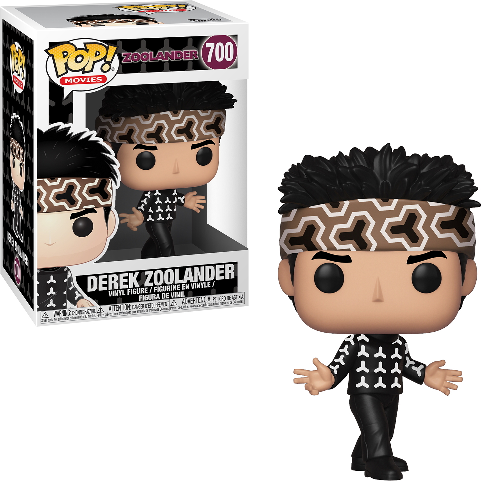 Figurka Funko Pop Dereka Zoolandera z Zoolandera, w wzorzystej opasce i czarnym stroju.