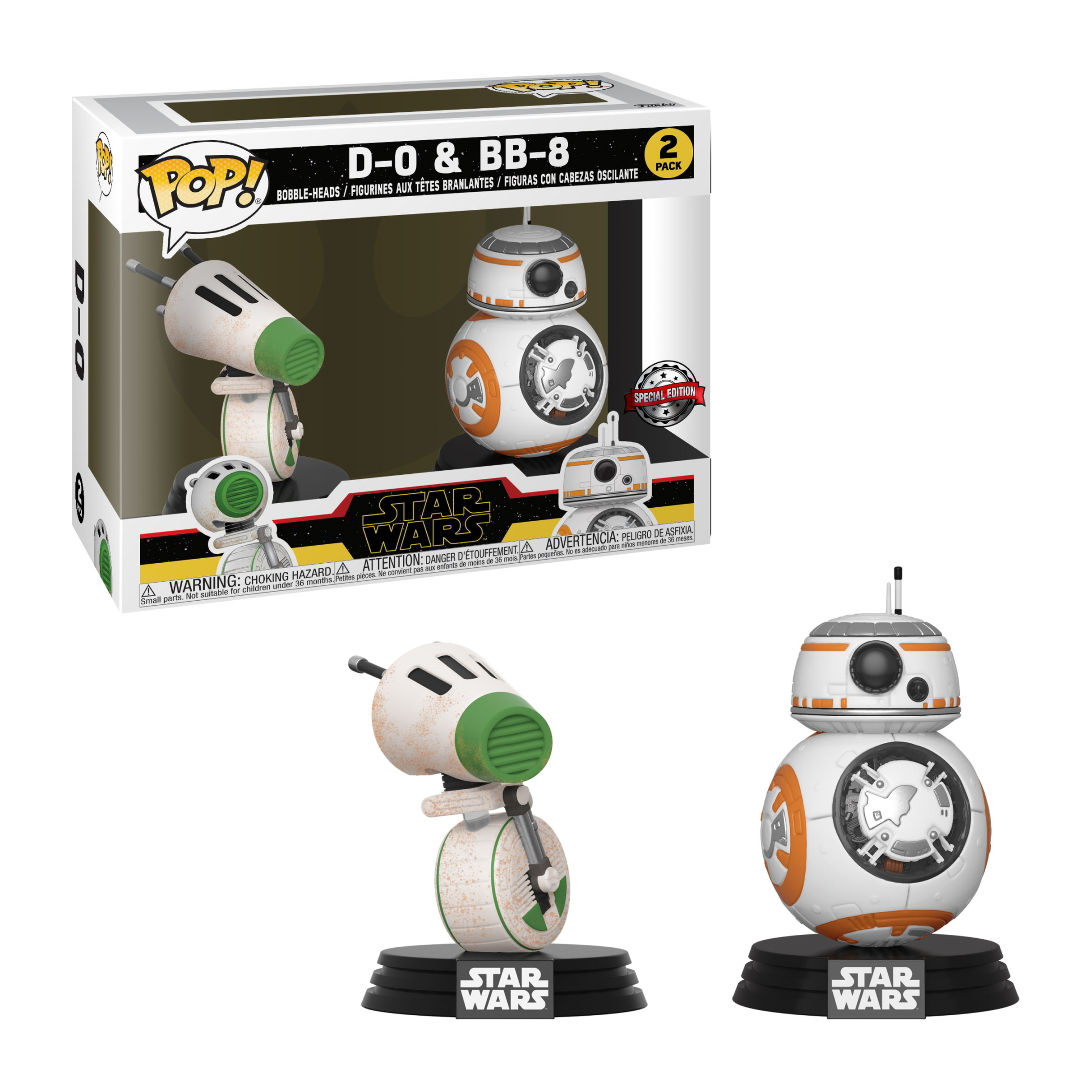 Zwei Star Wars D-O & BB-8 Wackelkopf-Figuren in ihrer Verpackung. Eine ist grün, eine ist weiß und orange.