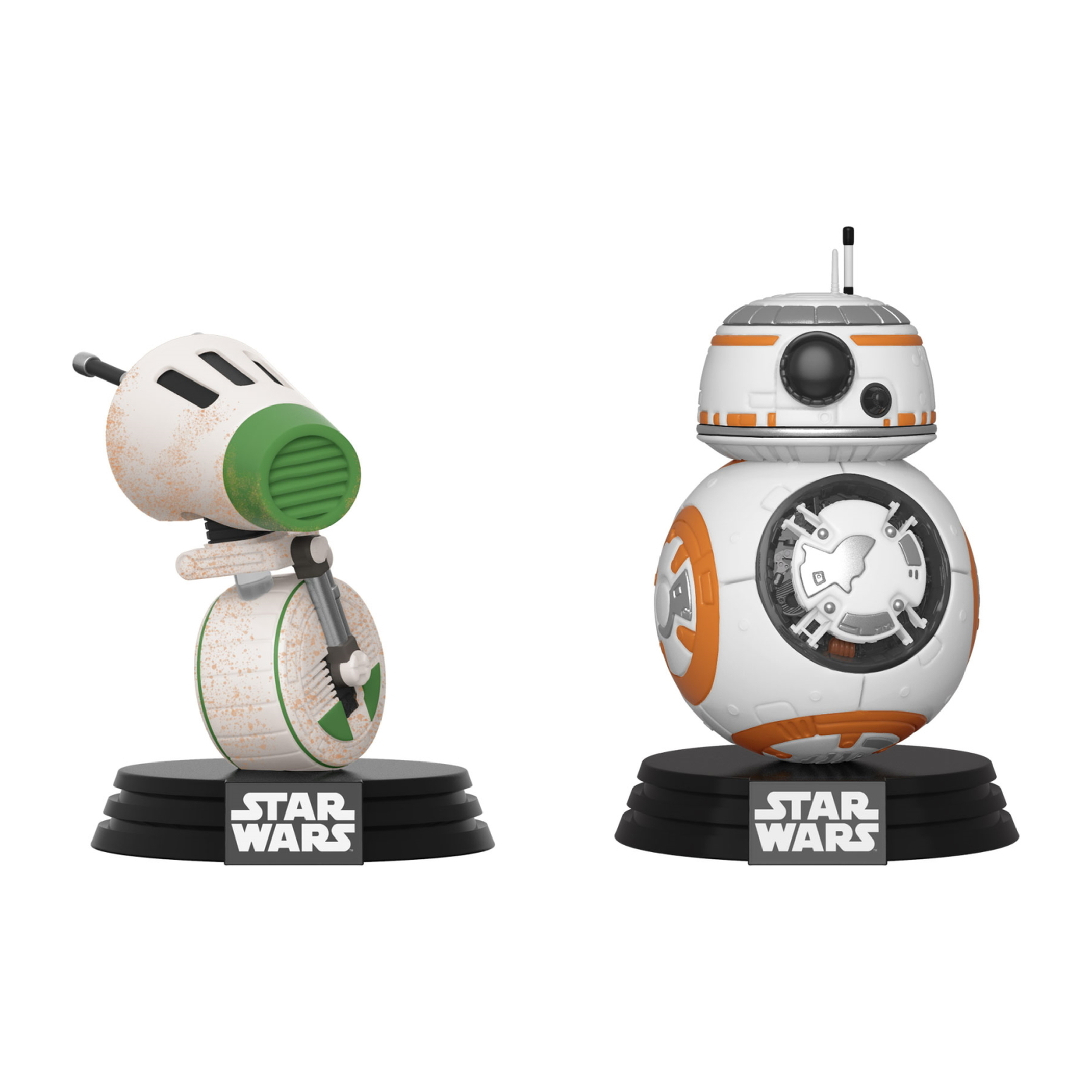 Star Wars Funko Pop Set. Einer ist BB-8, der andere ein weißer Roboter mit grünen Details.