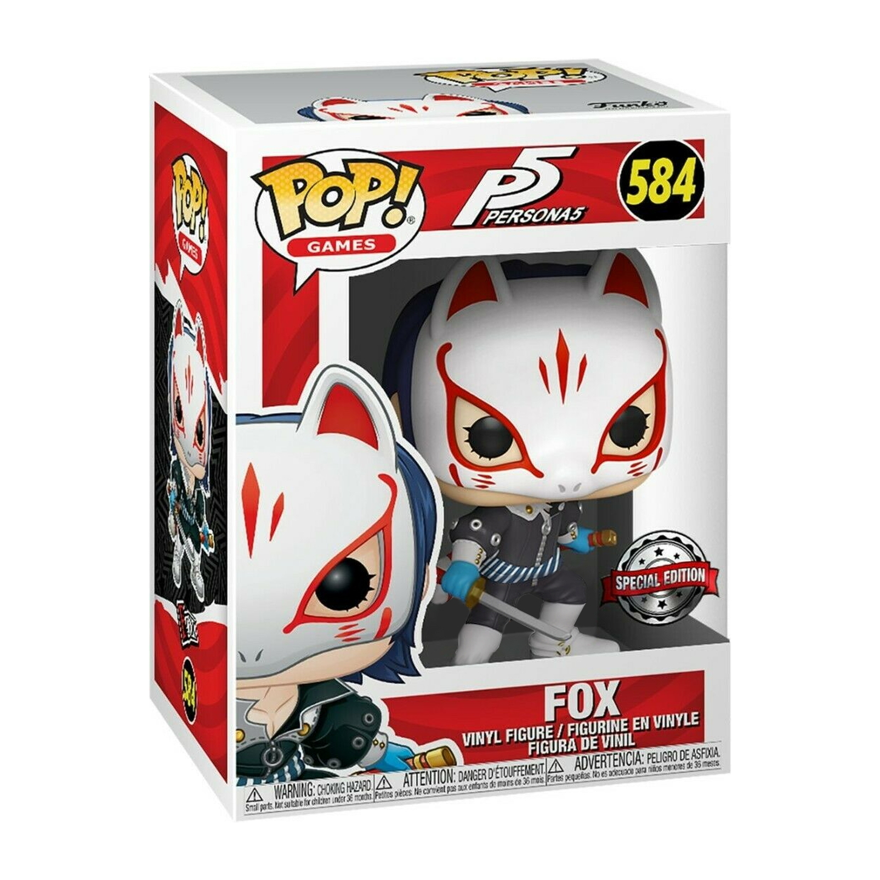 Fox Funko Pop in Box. Weiße Fuchmaske mit roten Markierungen. Persona 5 Videospiel.