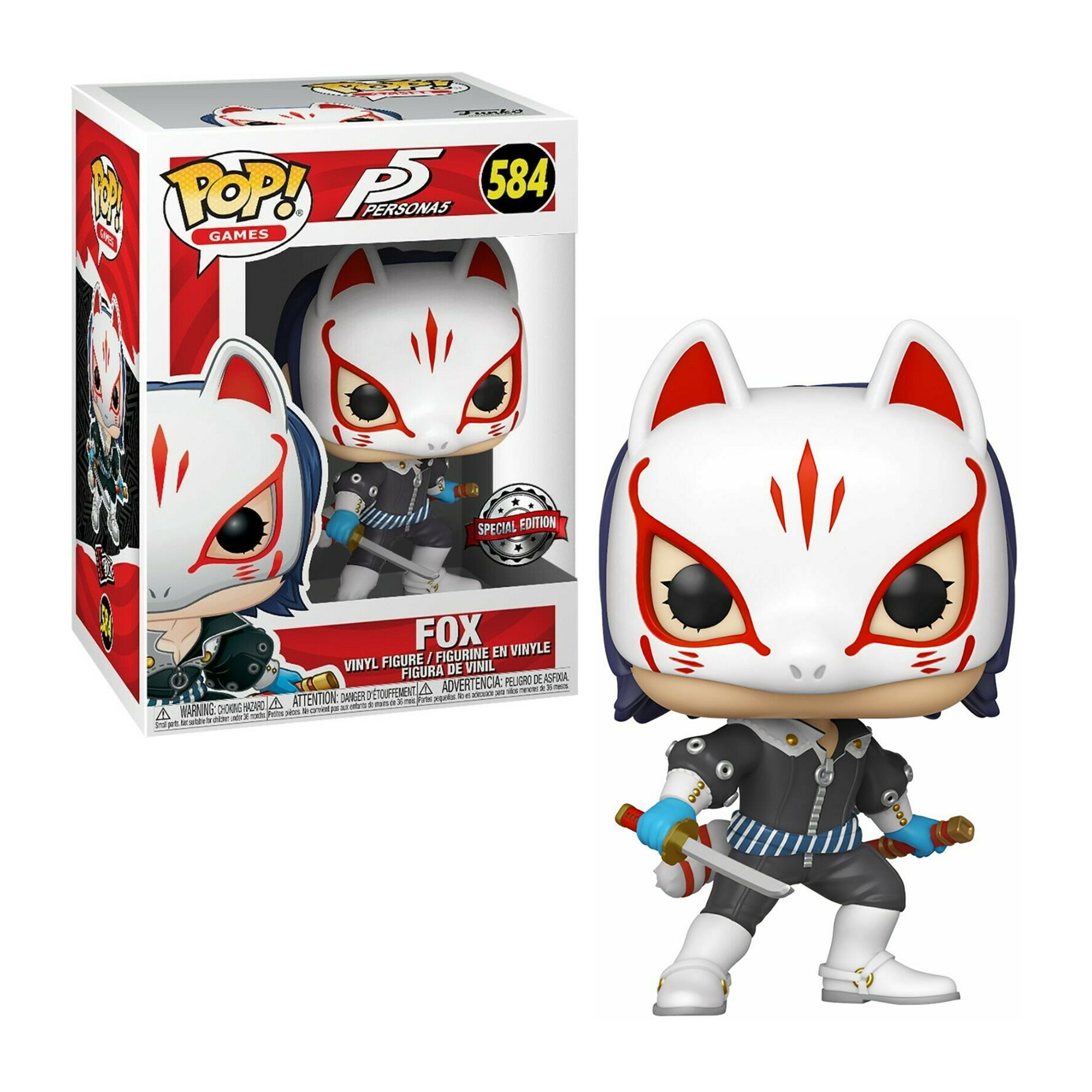 Fox Funko Pop Figur, mit weißer Maske und roten Markierungen, trägt eine schwarze Uniform und hält ein Katana, mit Box.