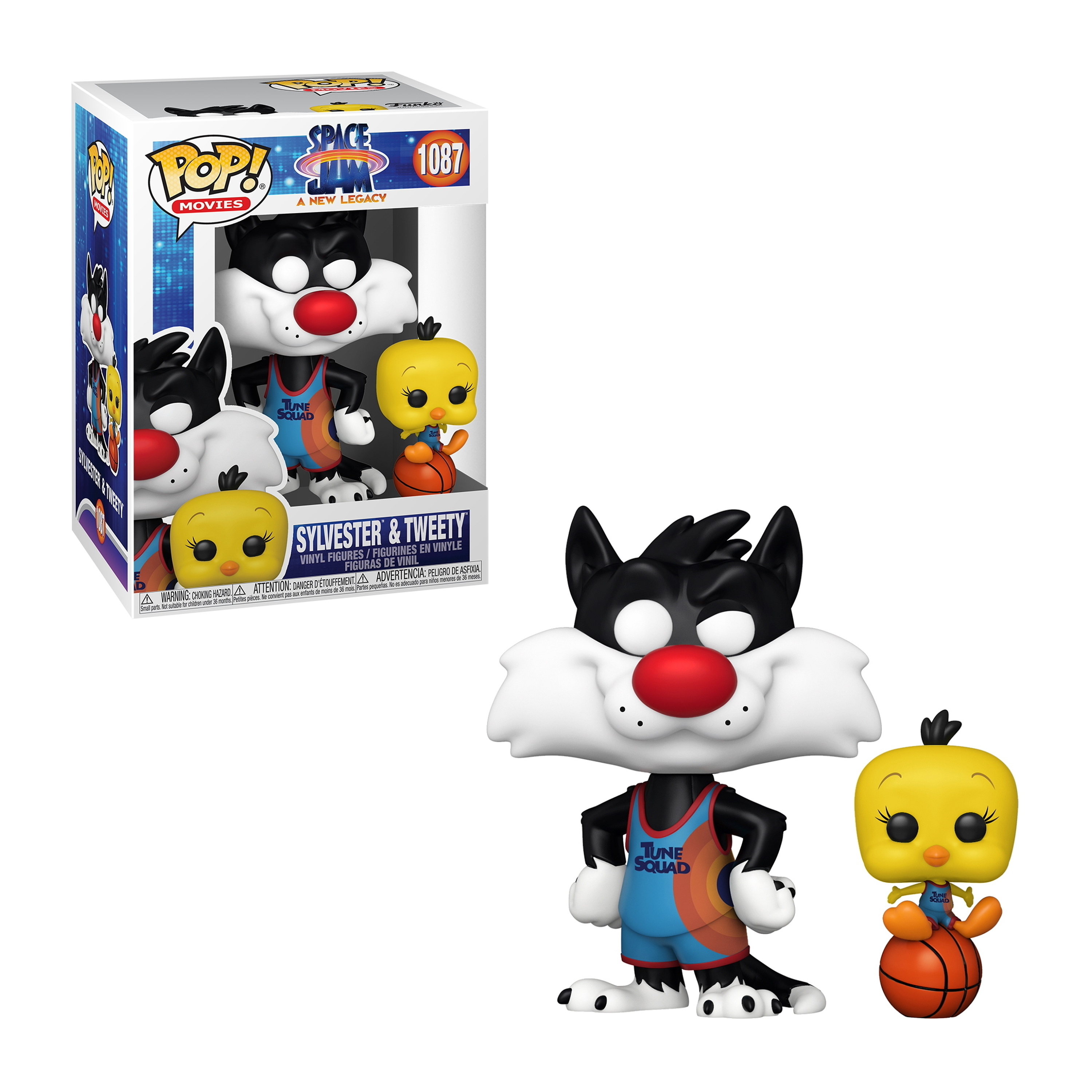 Sylvester und Tweety Funko Pop Figuren. Sylvester trägt ein Tune Squad Trikot, Tweety hält einen Basketball.