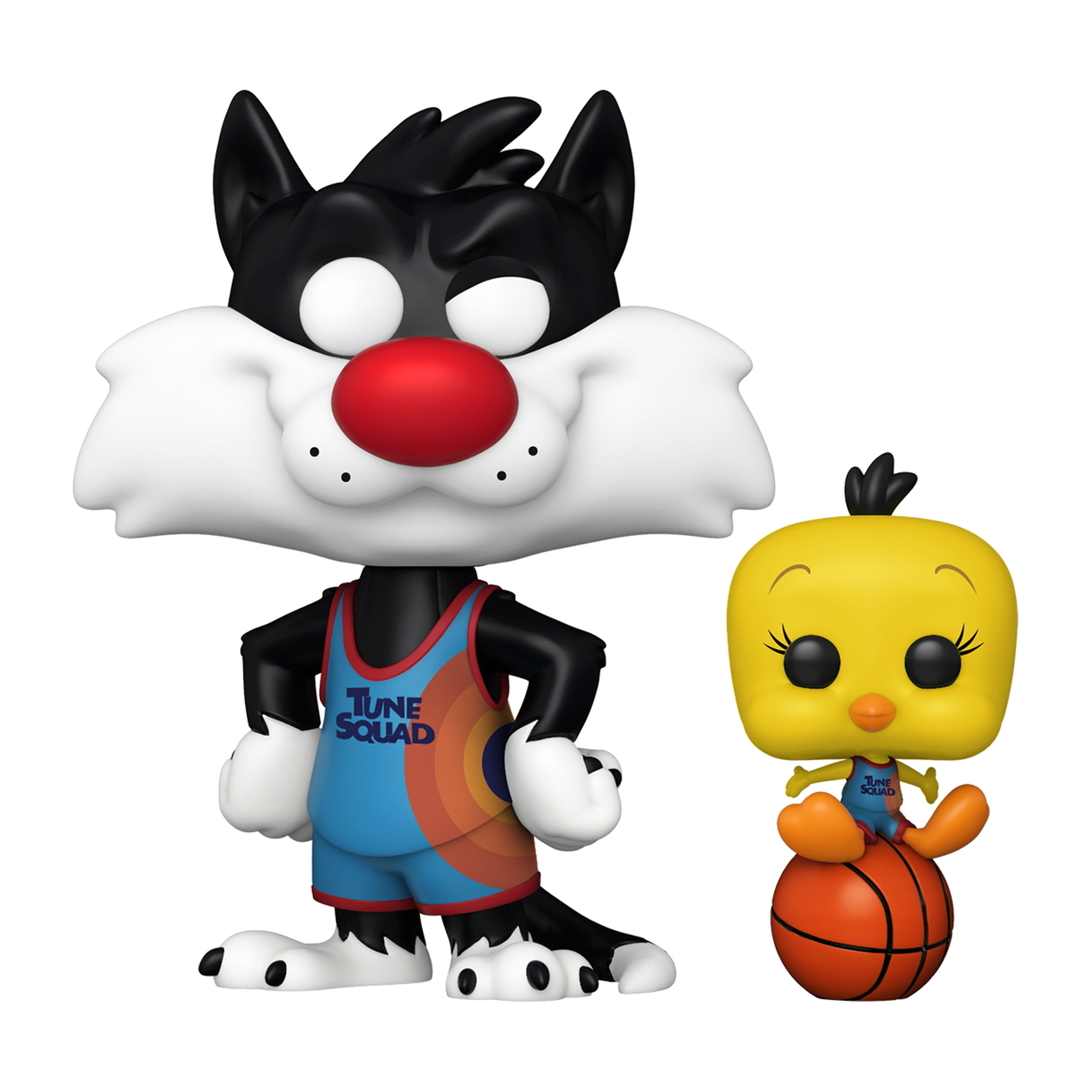 Sylvester und Tweety Funko Pop Figuren. Sylvester in einem Basketballtrikot. Tweety auf einem Basketball.