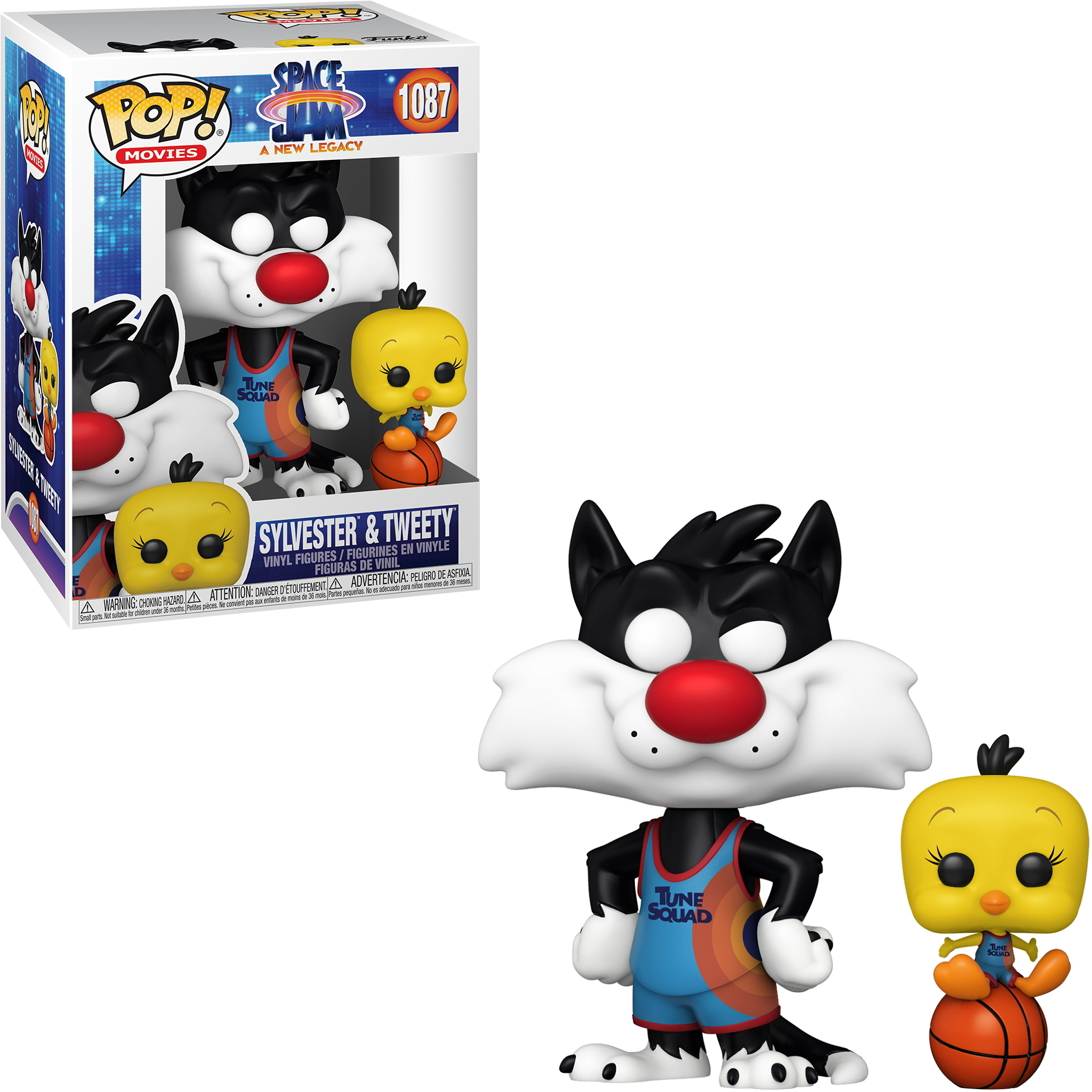 Sylvester & Tweety Pop! Figur. Sylvester im Tune Squad Trikot, Tweety hält einen Basketball. Box zeigt sie.