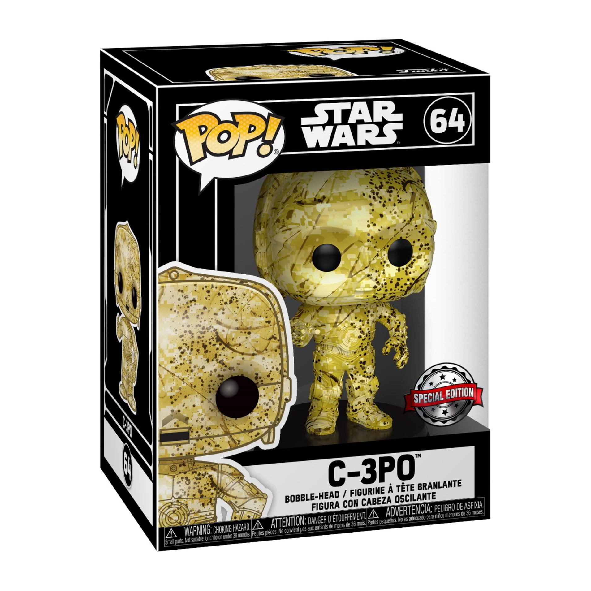 C-3PO Funko Pop Figur in Box, goldfarbene Tarnung, mit schwarzen Akzenten.