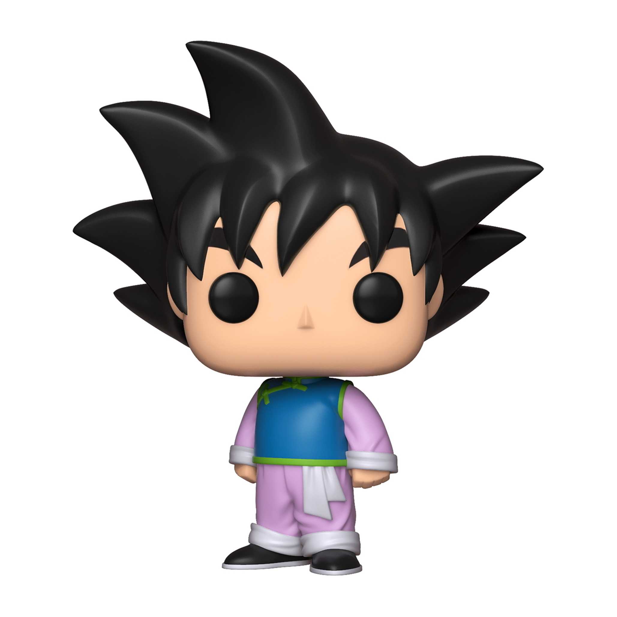 Goku Funko Pop Figur in einem rosa Outfit mit blauem Hemd, schwarzen stacheligen Haaren und einer Box.