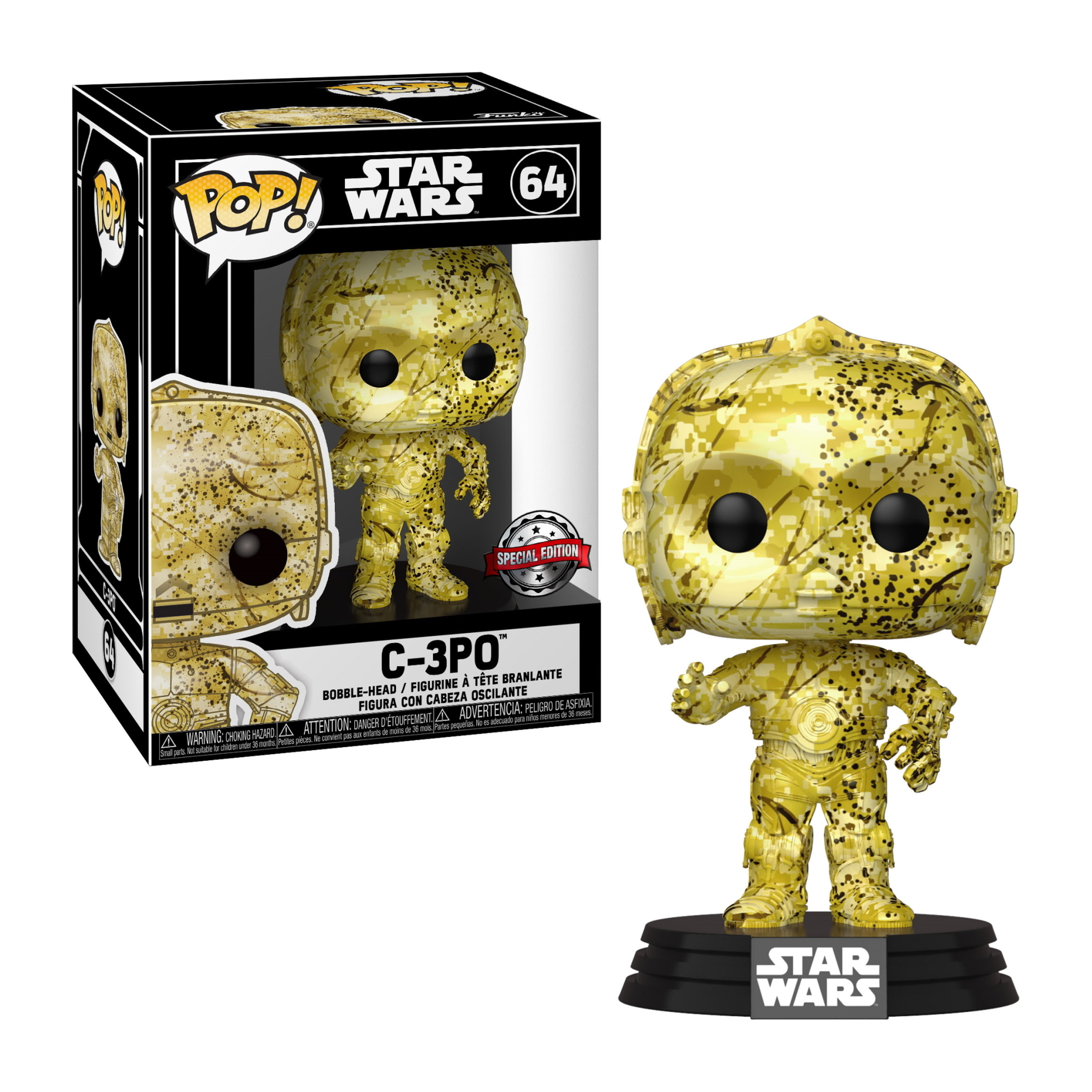 C-3PO Star Wars Funko Pop, goldene Figur, mit einer Box im Hintergrund.