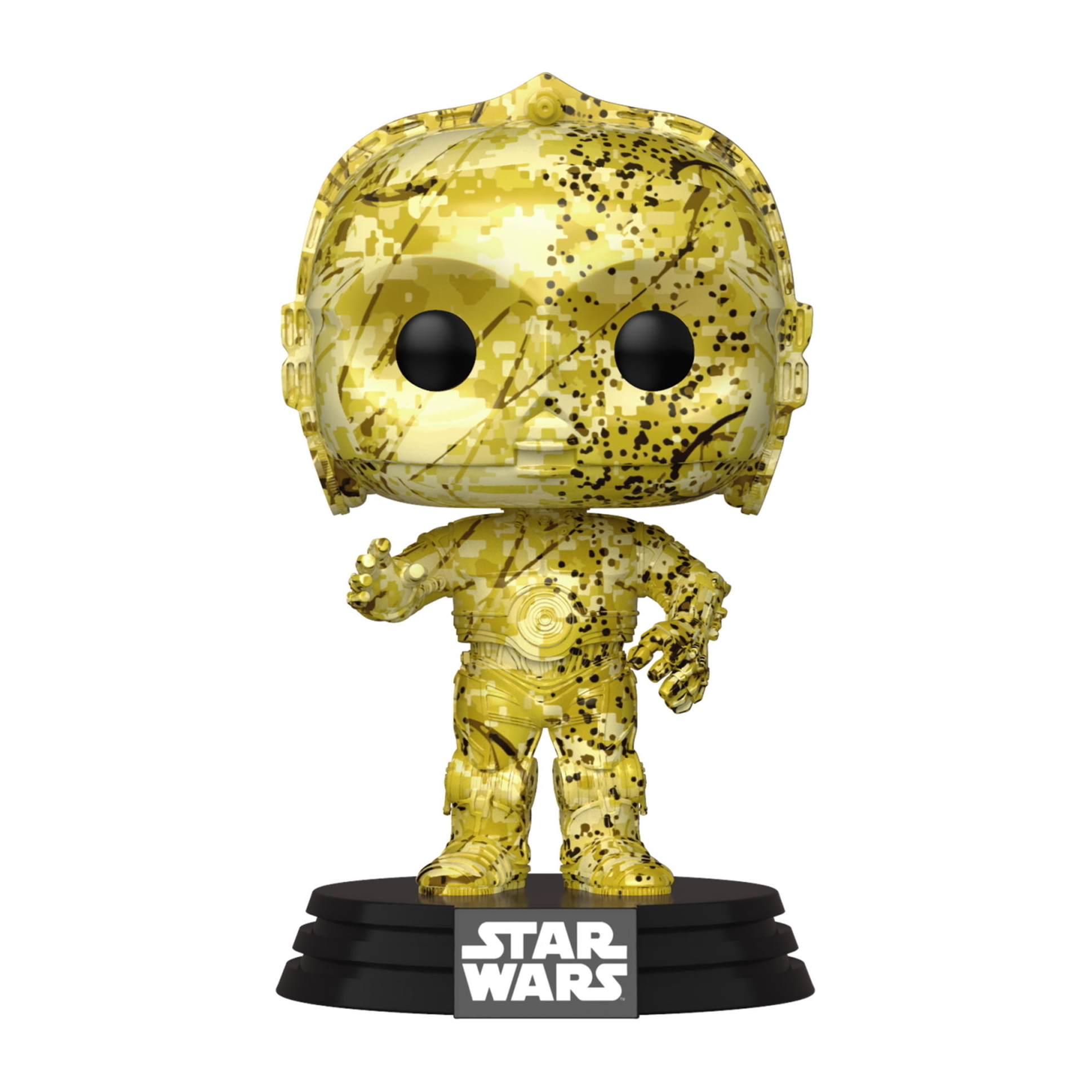 Goldene C-3PO Funko Pop Figur auf schwarzer Basis. Die Figur steht mit erhobener Hand in klassischer Pose.