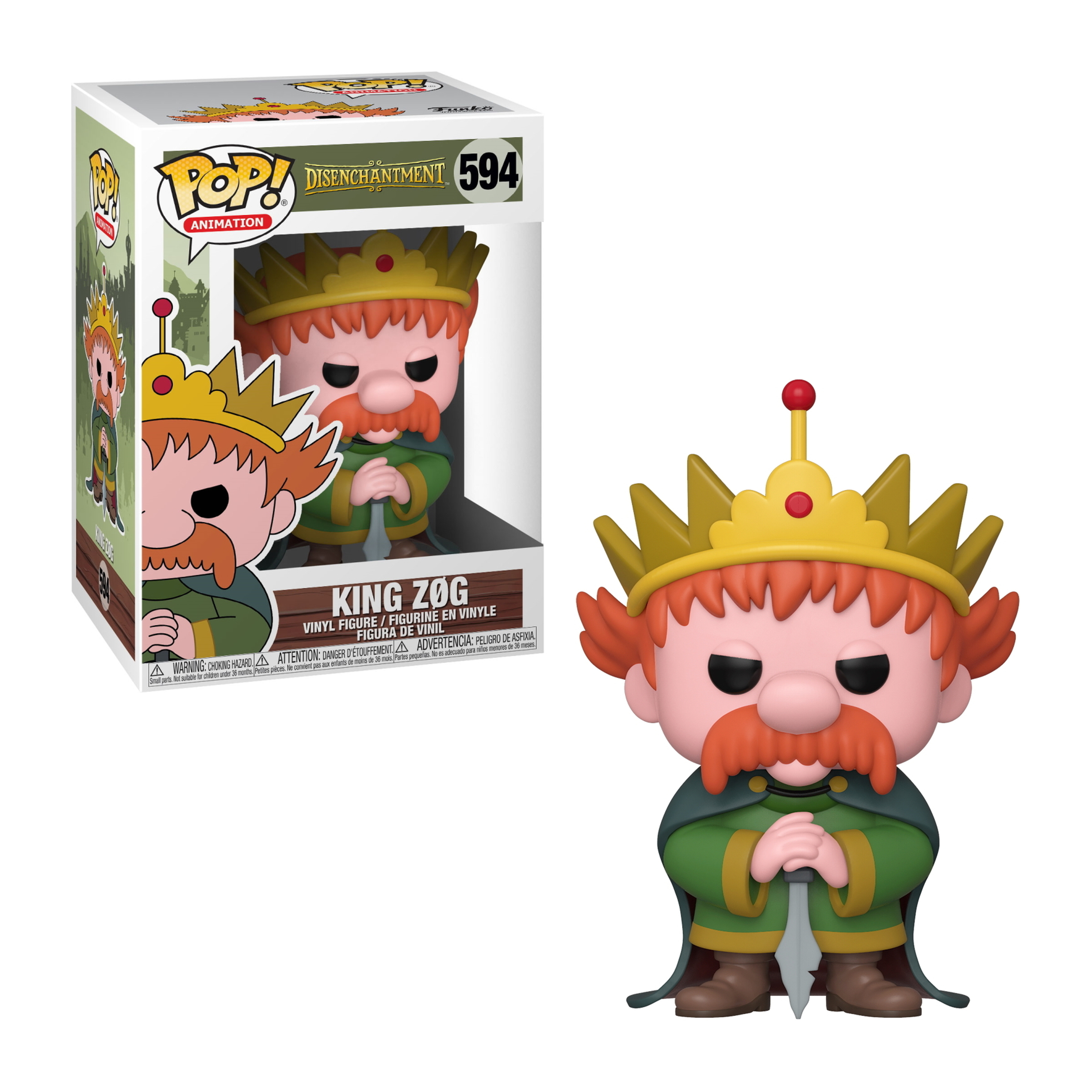 King Zog Funko Pop Figur mit Krone und grünem Umhang, hält ein Schwert, mit Box. Roter Schnurrbart und Bart.