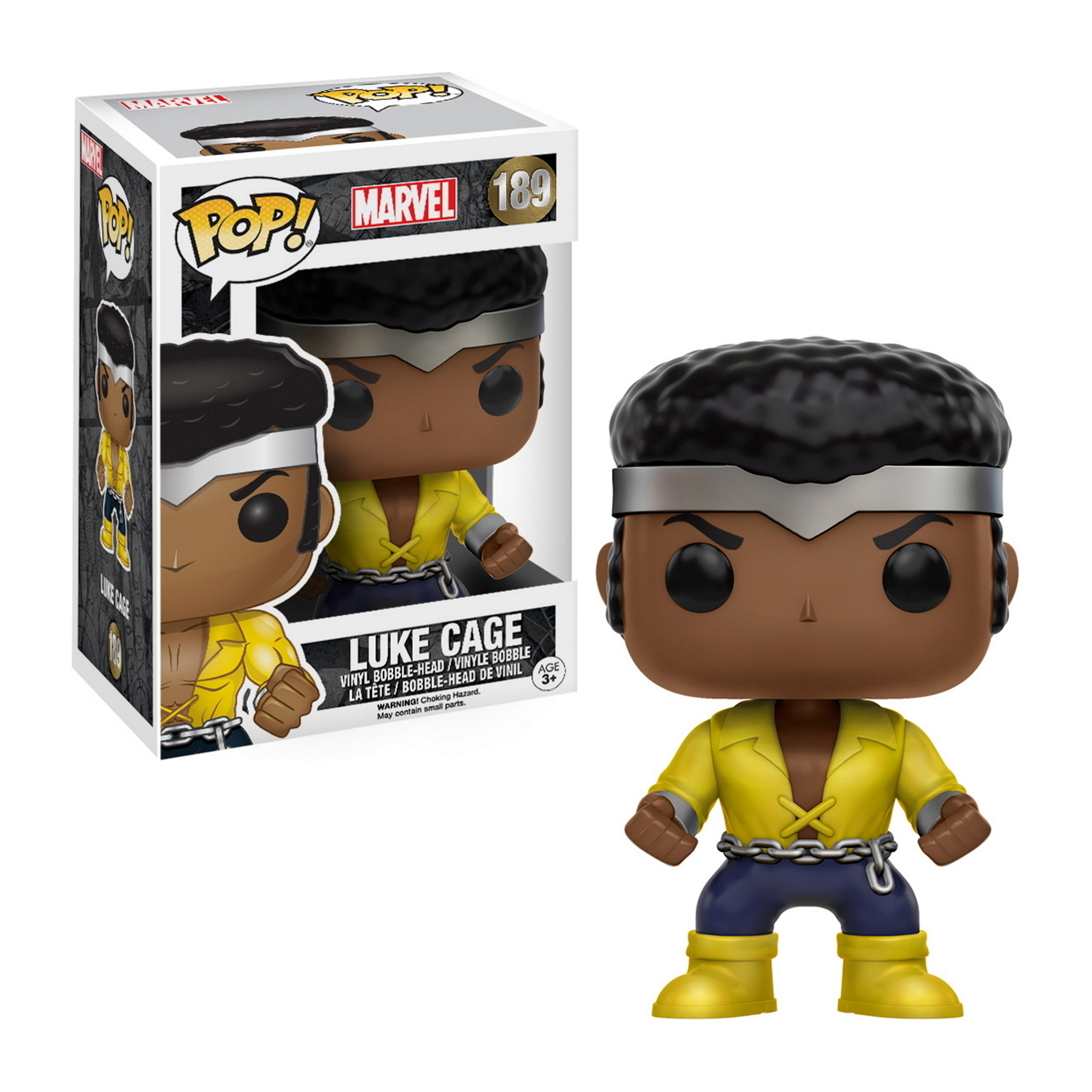 Eine Funko Pop-Figur von Luke Cage mit gelbem Hemd, blauer Hose und Metallaccessoires.