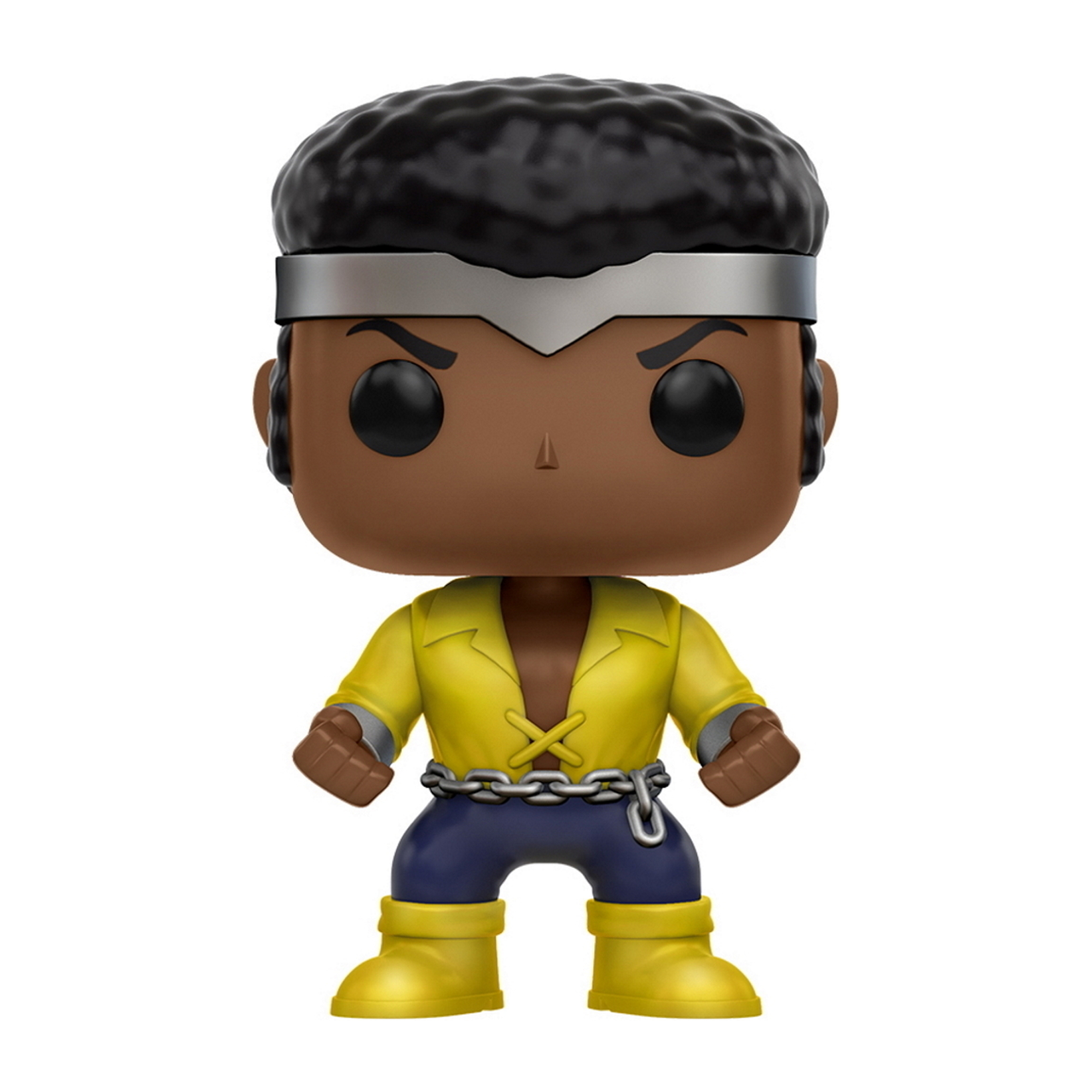 Funko Pop Figur eines Mannes in gelbem Hemd, blauer Hose und silbernem Stirnband mit Kette.