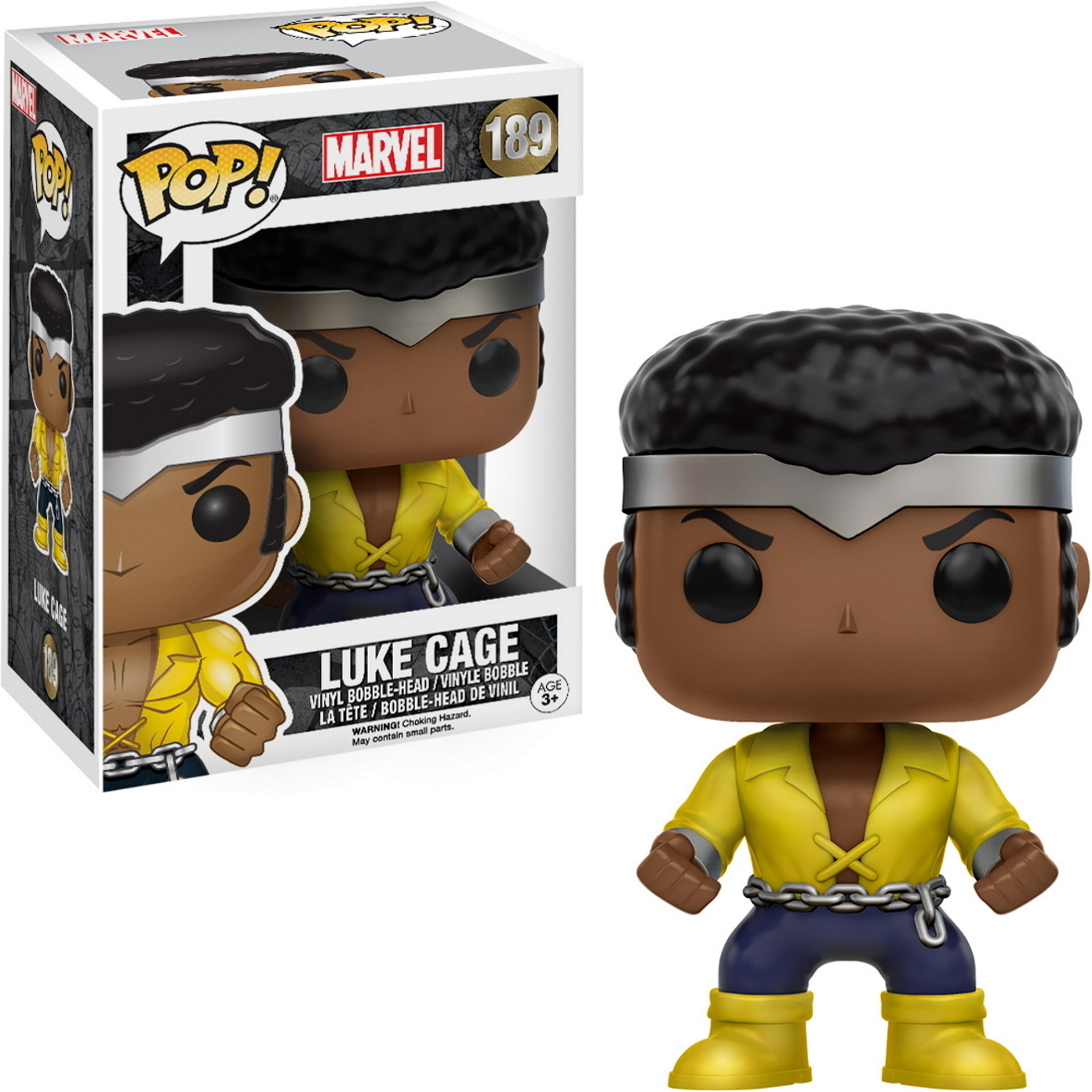 Luke Cage Funko Pop Figur in gelbem Hemd, blauer Hose und silbernem Stirnband, mit einer Box.