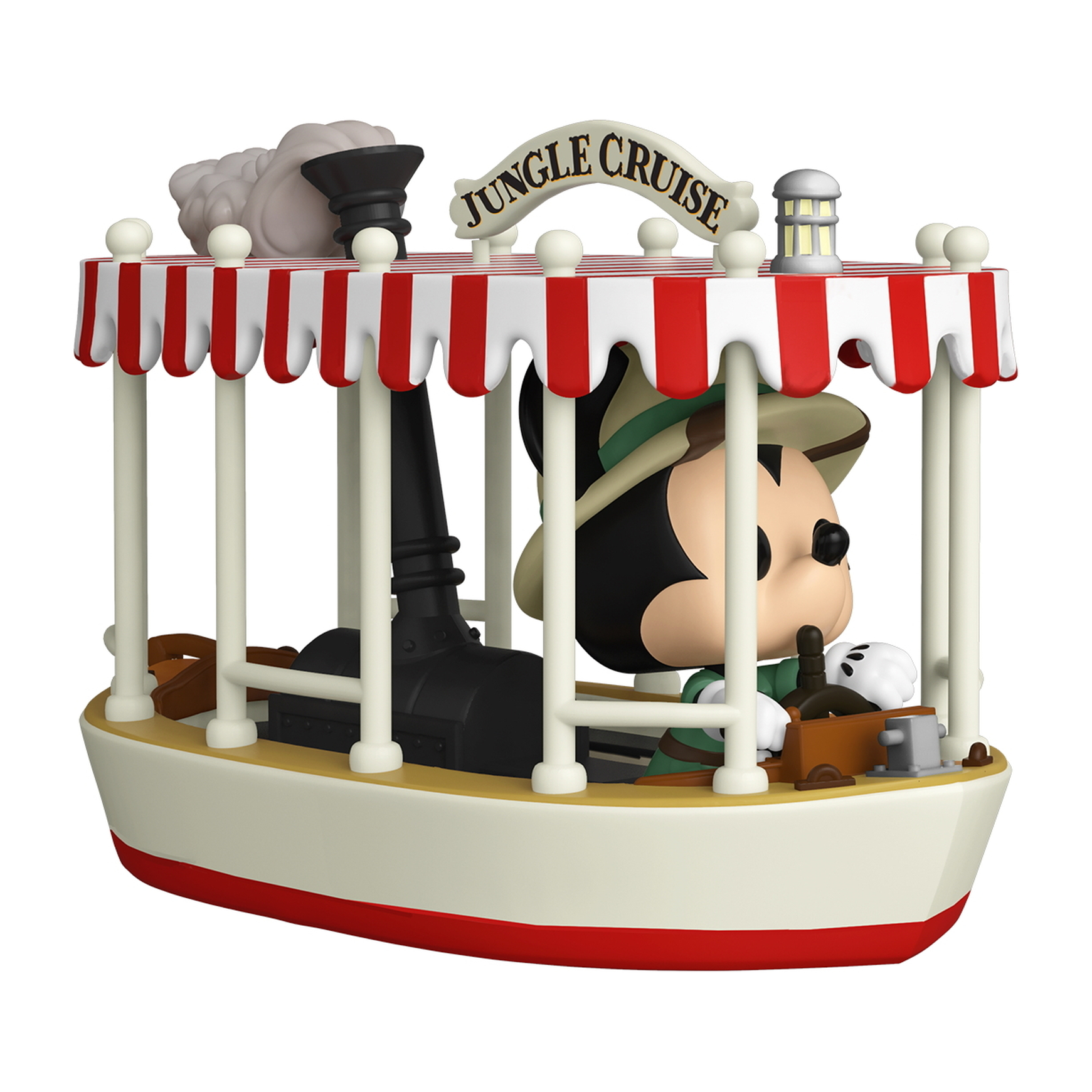 Mickey Mouse in einem Dschungel-Kreuzfahrtboot mit einem Schild mit der Aufschrift "Dschungel-Kreuzfahrt".