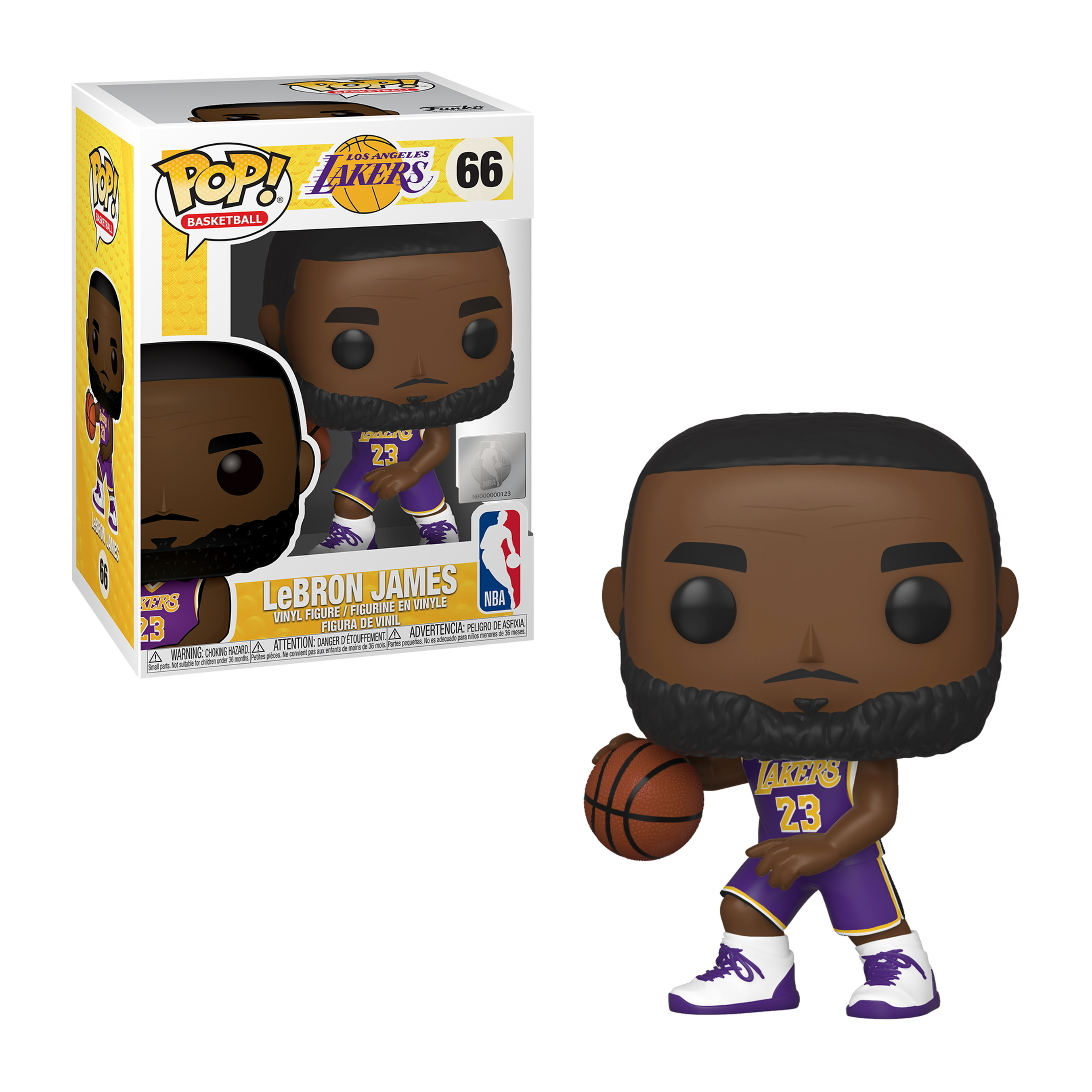 LeBron James Funko Pop Figur im Lakers-Trikot, hält einen Basketball.