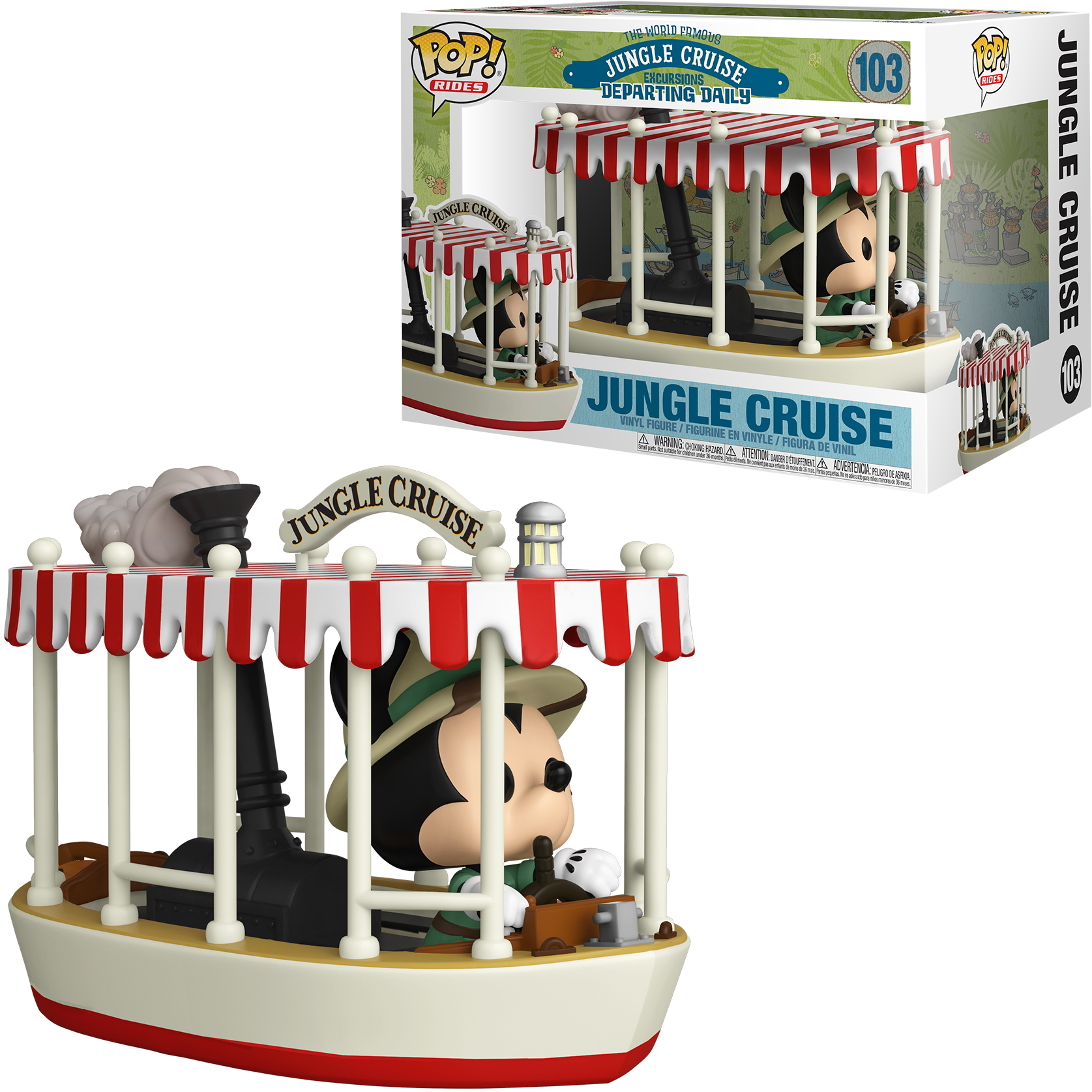 Eine Mickey Mouse Jungle Cruise Funko Pop! Figur in einem Boot, mit der Verpackung.