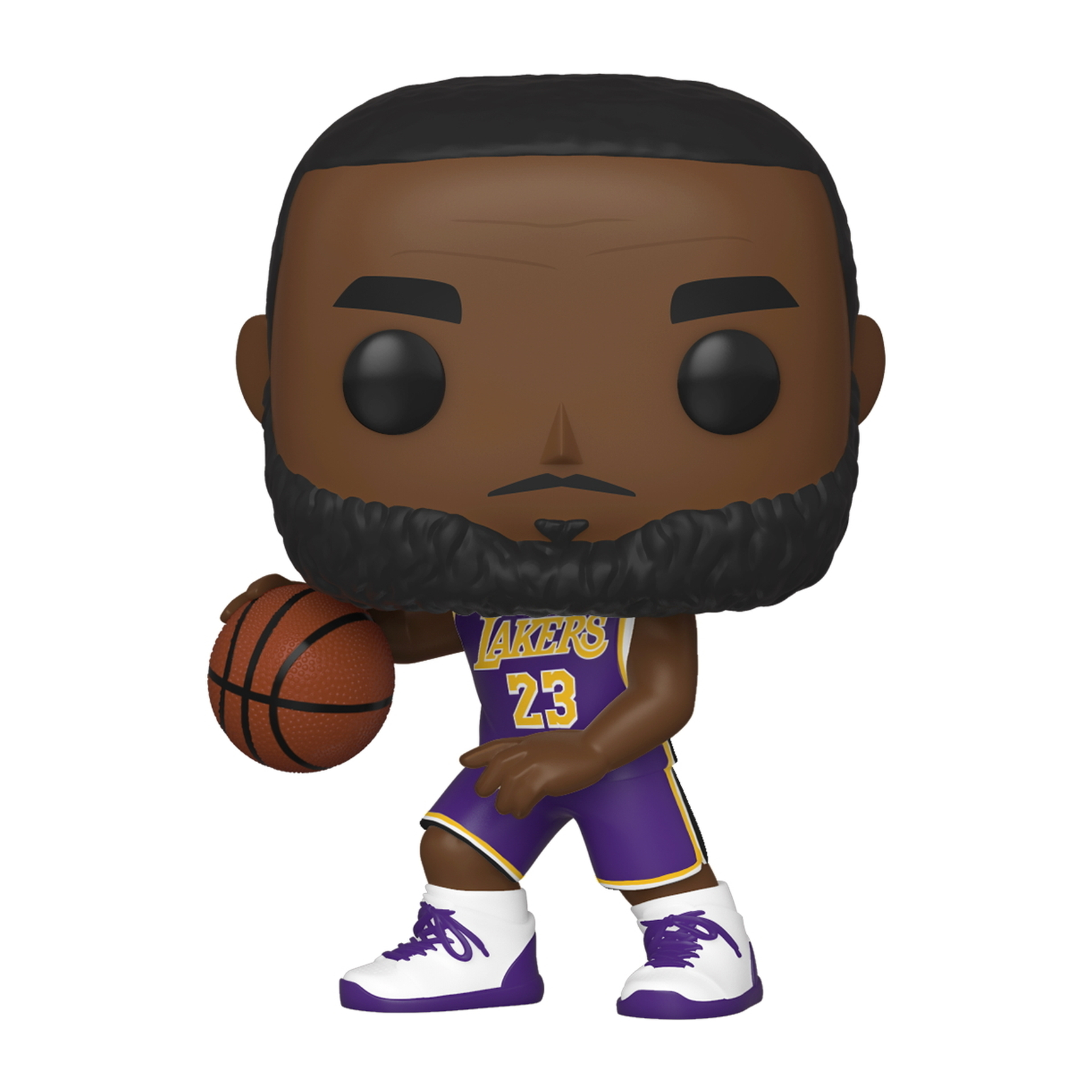 LeBron James Funko Pop Figur im Lakers-Trikot, hält einen Basketball.