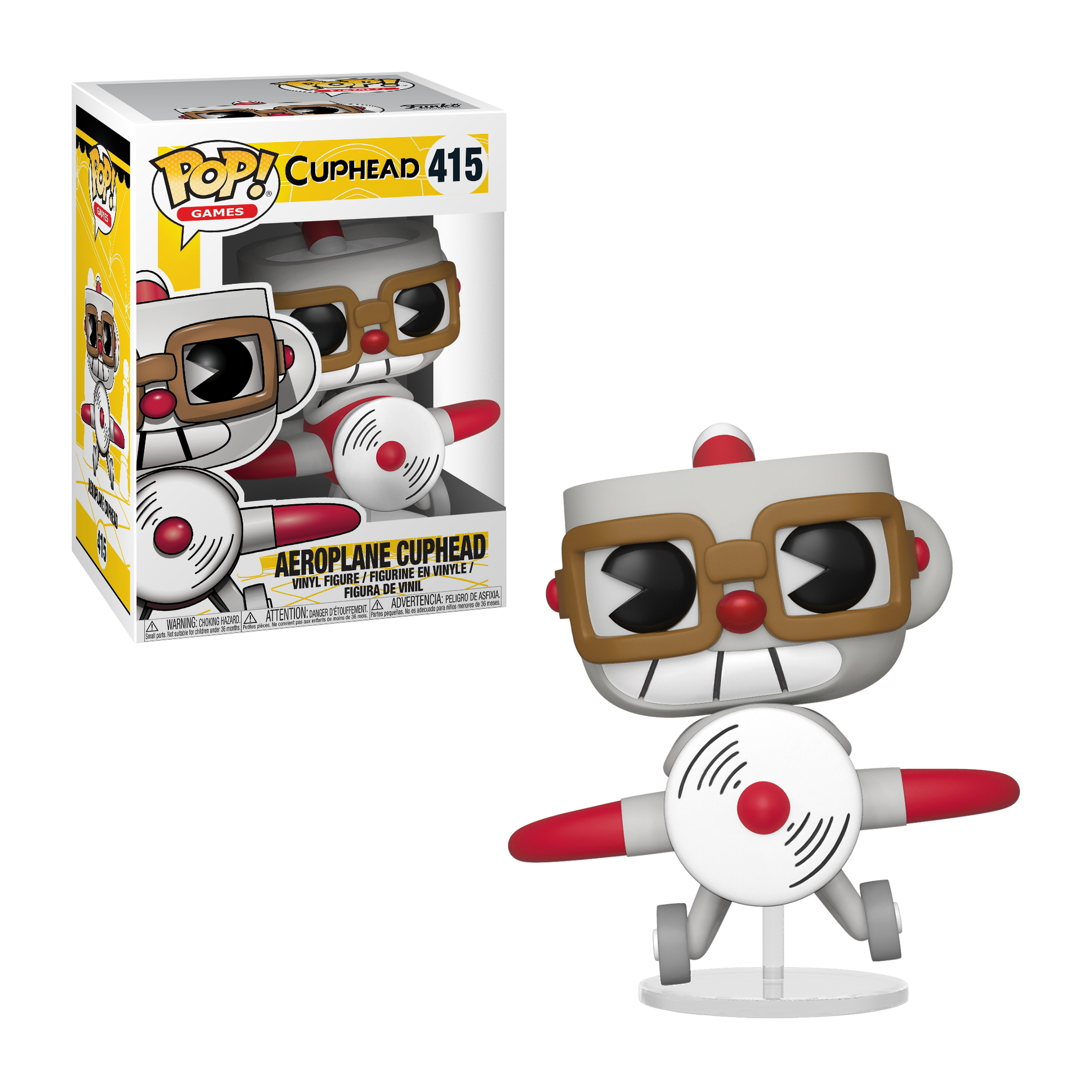 Cuphead-Figur als Flugzeug. Weißer Körper, rote Flügel, braune Brille und ein Propeller.