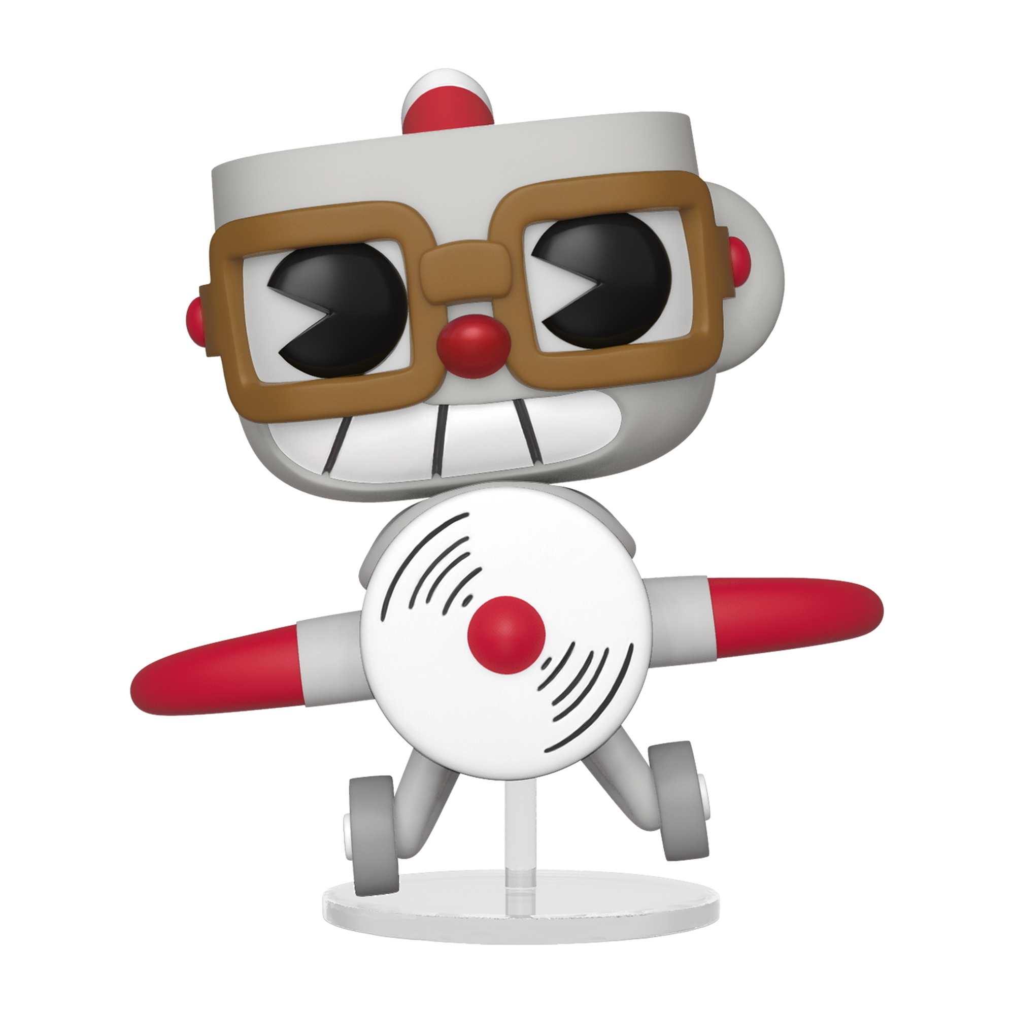 Roboterfigur mit Propeller. Weiß und rot. Trägt eine Brille. Weiße Oberfläche.