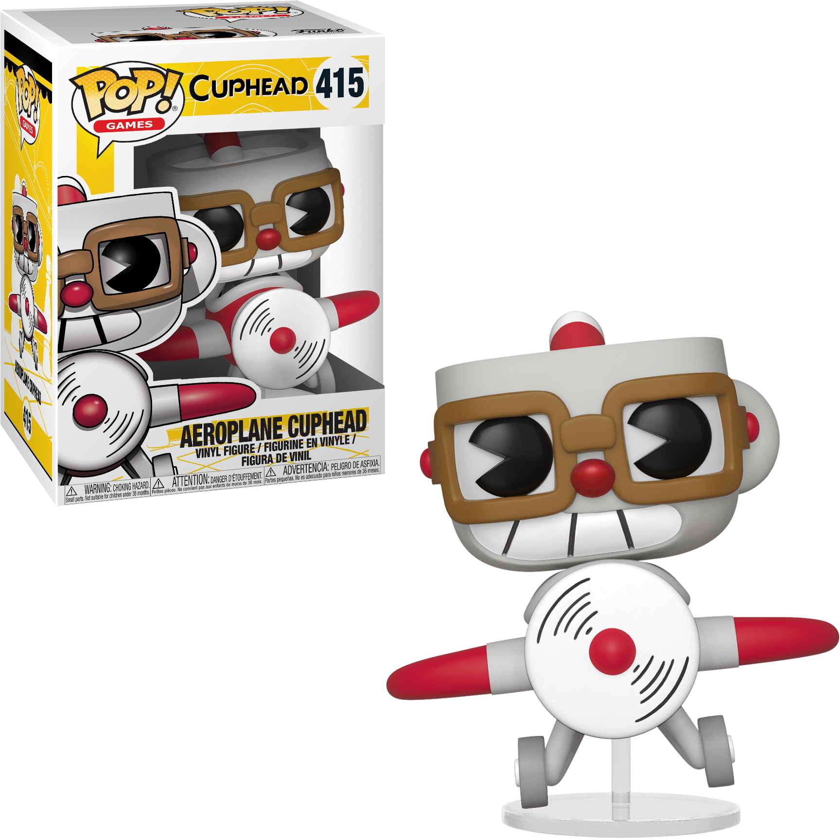 Cuphead Flugzeug Funko Pop Figur mit Propeller und Brille.