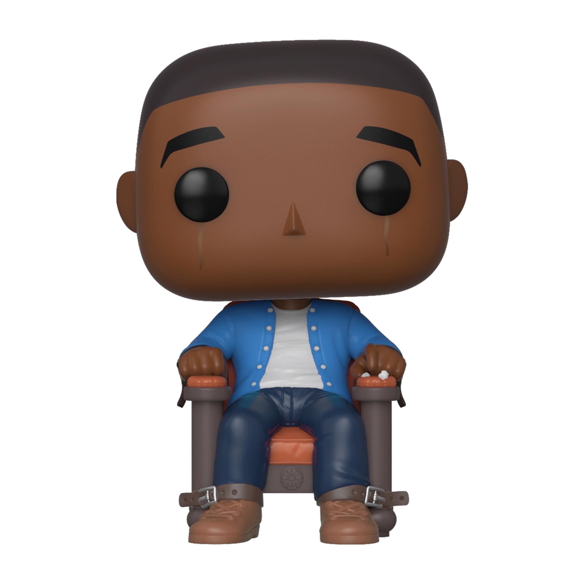 Figurka Funko Pop mężczyzny w niebieskiej kurtce, siedzącego na krześle, z narysowanymi łzami na twarzy.