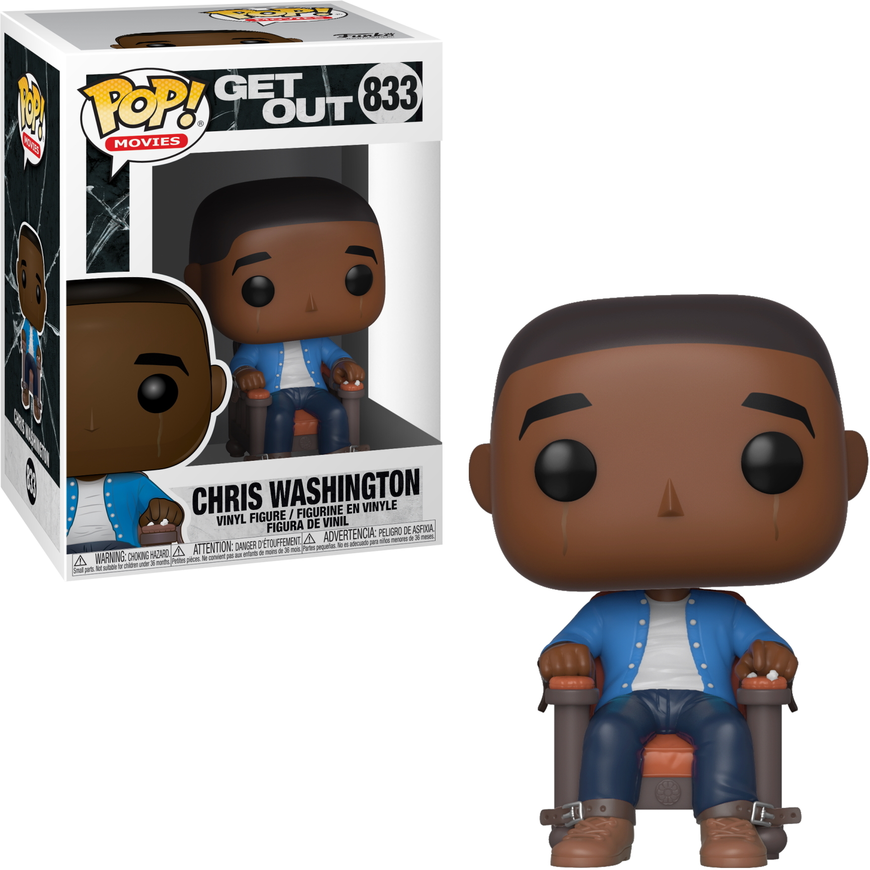 Chris Washington Get Out Funko Pop. Figurka na krześle, w niebieskiej kurtce i dżinsach, ze łzami.