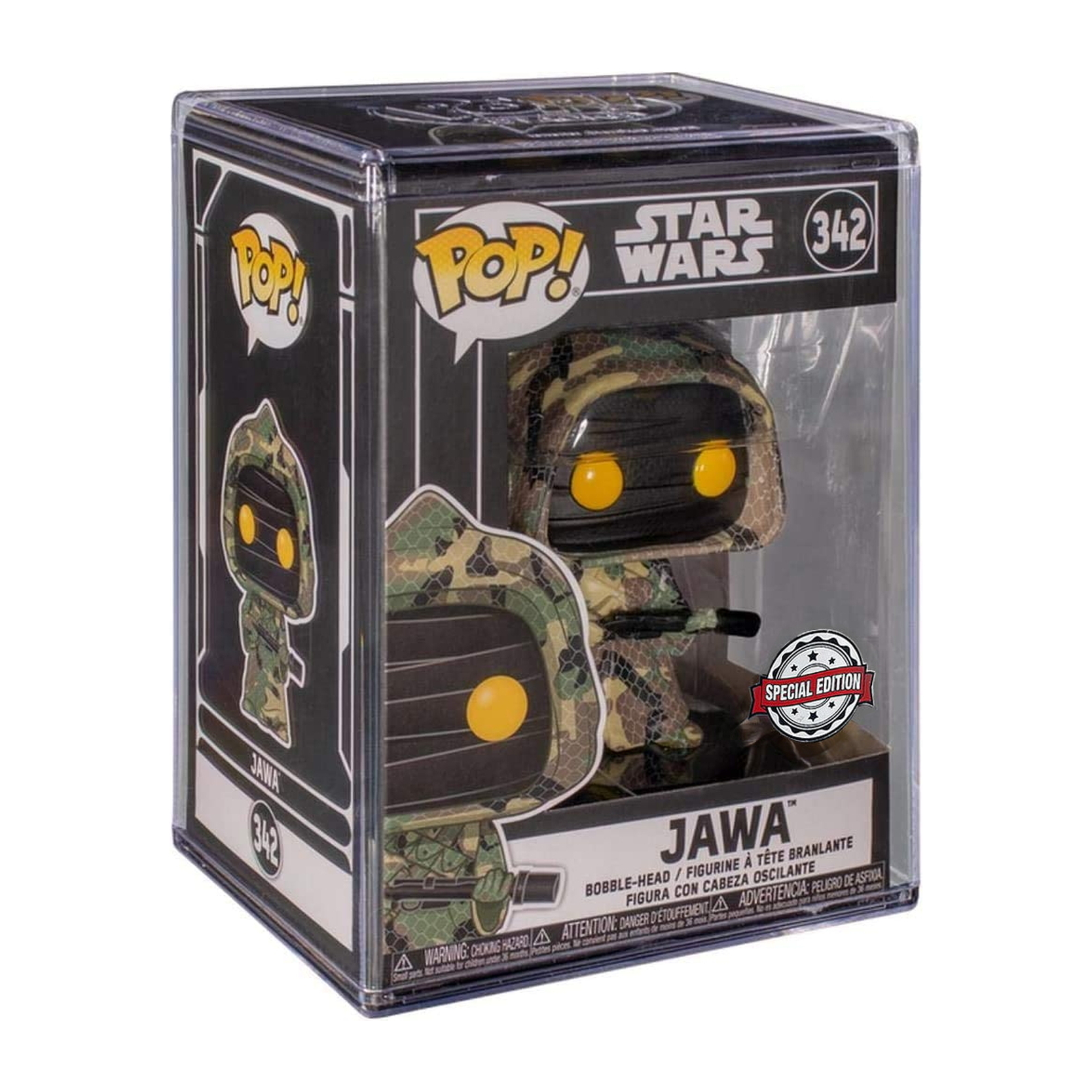 Jawa Figur in Box. Tarnfarbene Figur in klarer Hülle. Star Wars Pop! Figur.