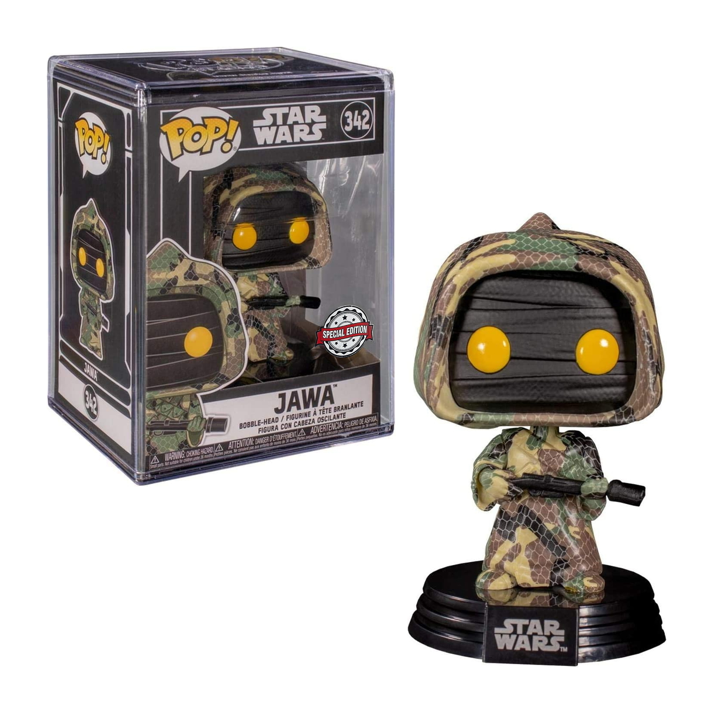 Eine Star Wars Jawa Funko Pop Figur in Tarnuniform mit einem Blaster.