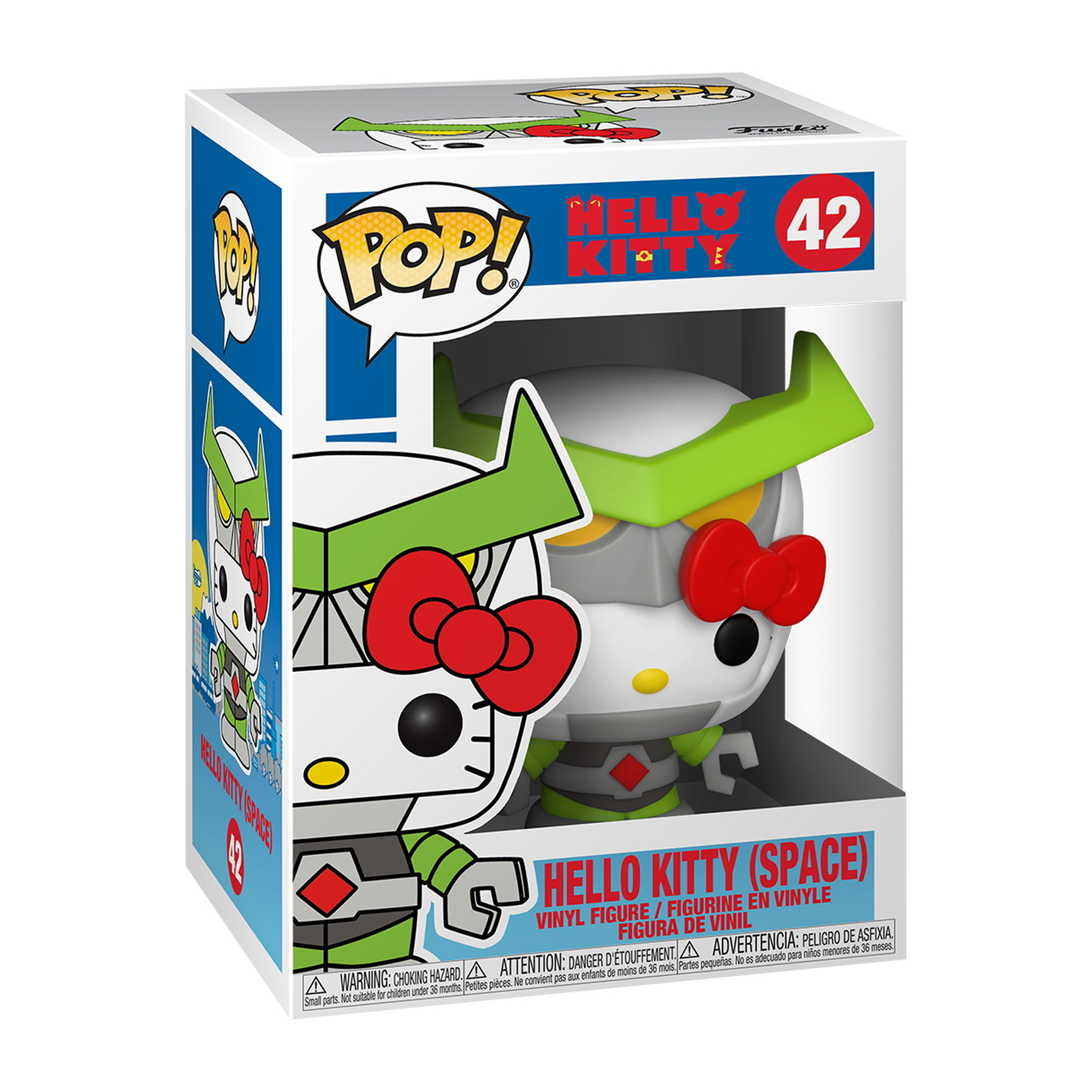 Hello Kitty (Space) Figur in einer Box, trägt einen Raumanzug, mit roter Schleife und grünem Helm.