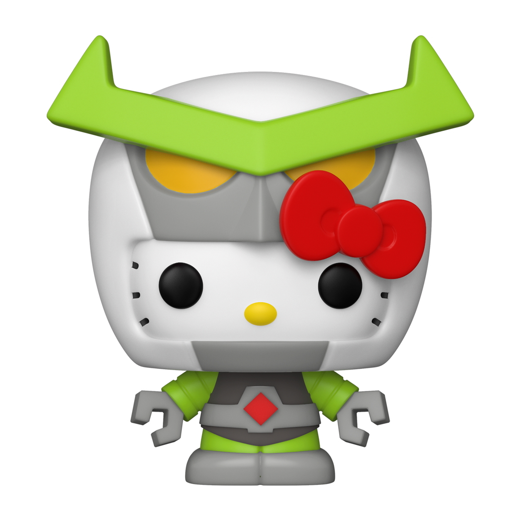 Hello Kitty in einem Roboteranzug. Weißer Kopf, grüne Hörner, gelbe Augen und eine rote Schleife.