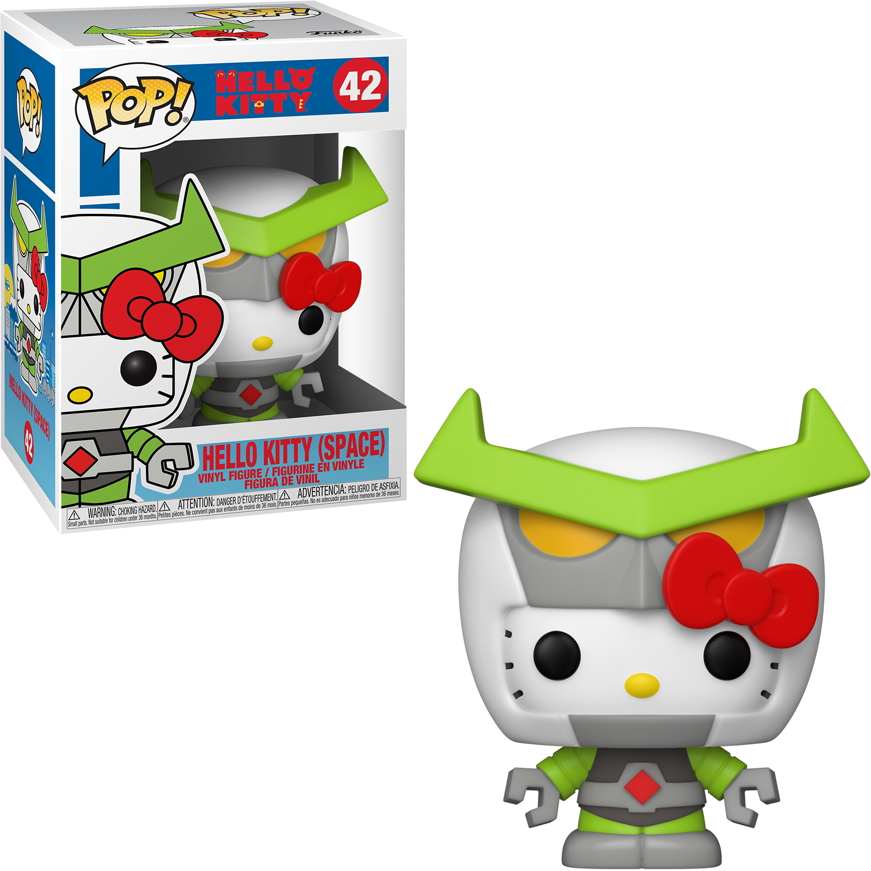 Hello Kitty Figur in Roboterform mit roter Schleife, grünen Ohren und roter Raute. Box ebenfalls sichtbar.