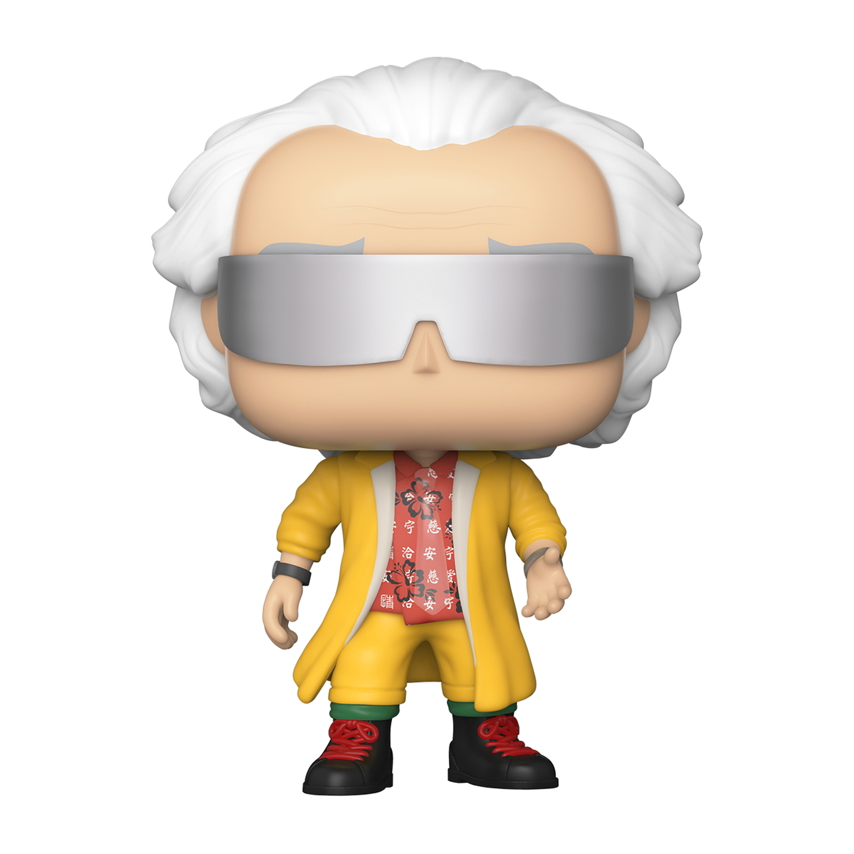 Figurine Doc Brown en manteau jaune et lunettes de soleil. Figurine Pop! de Retour vers le Futur.