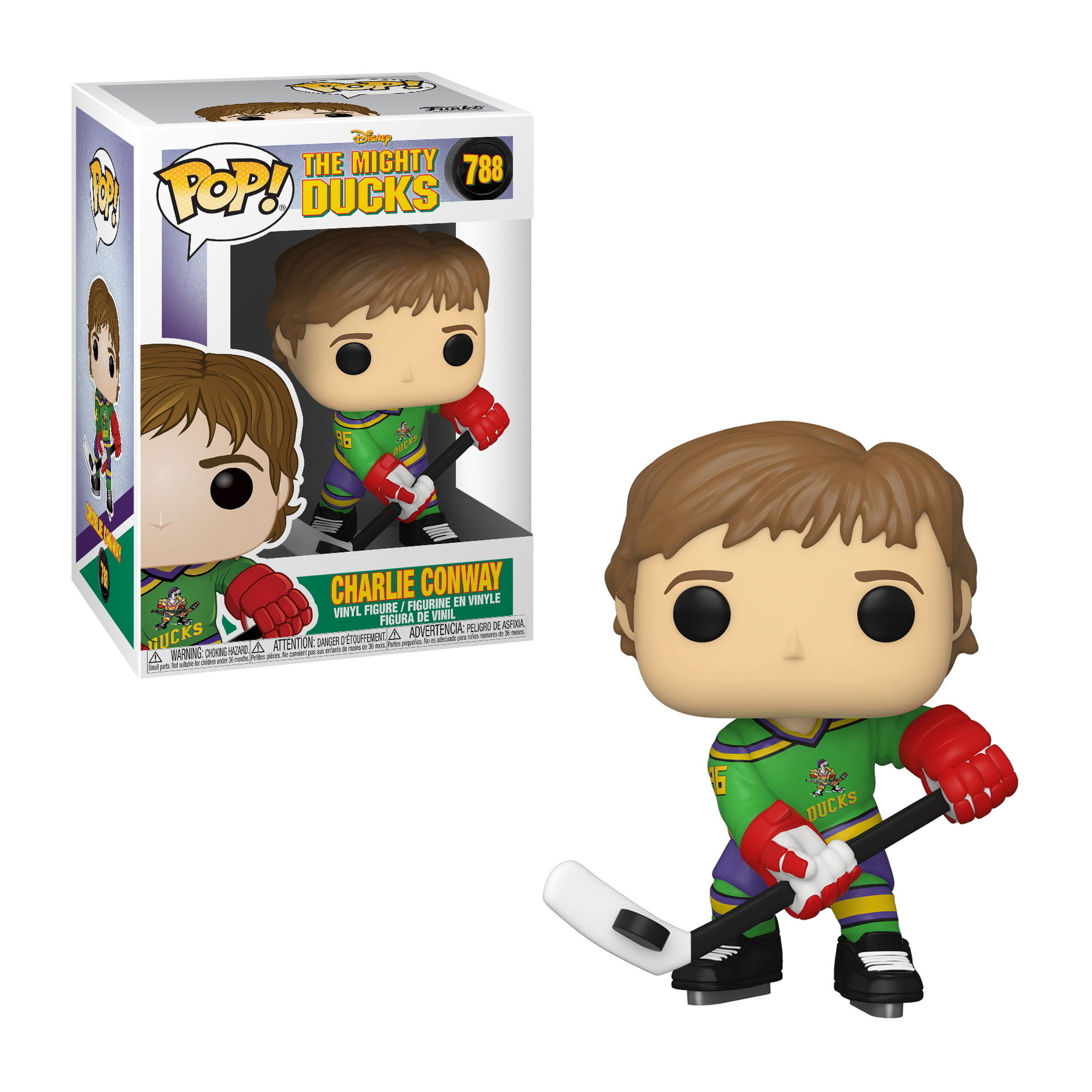 Figura di Charlie Conway con una mazza da hockey, in una scatola. Indossa una maglia dei Mighty Ducks.
