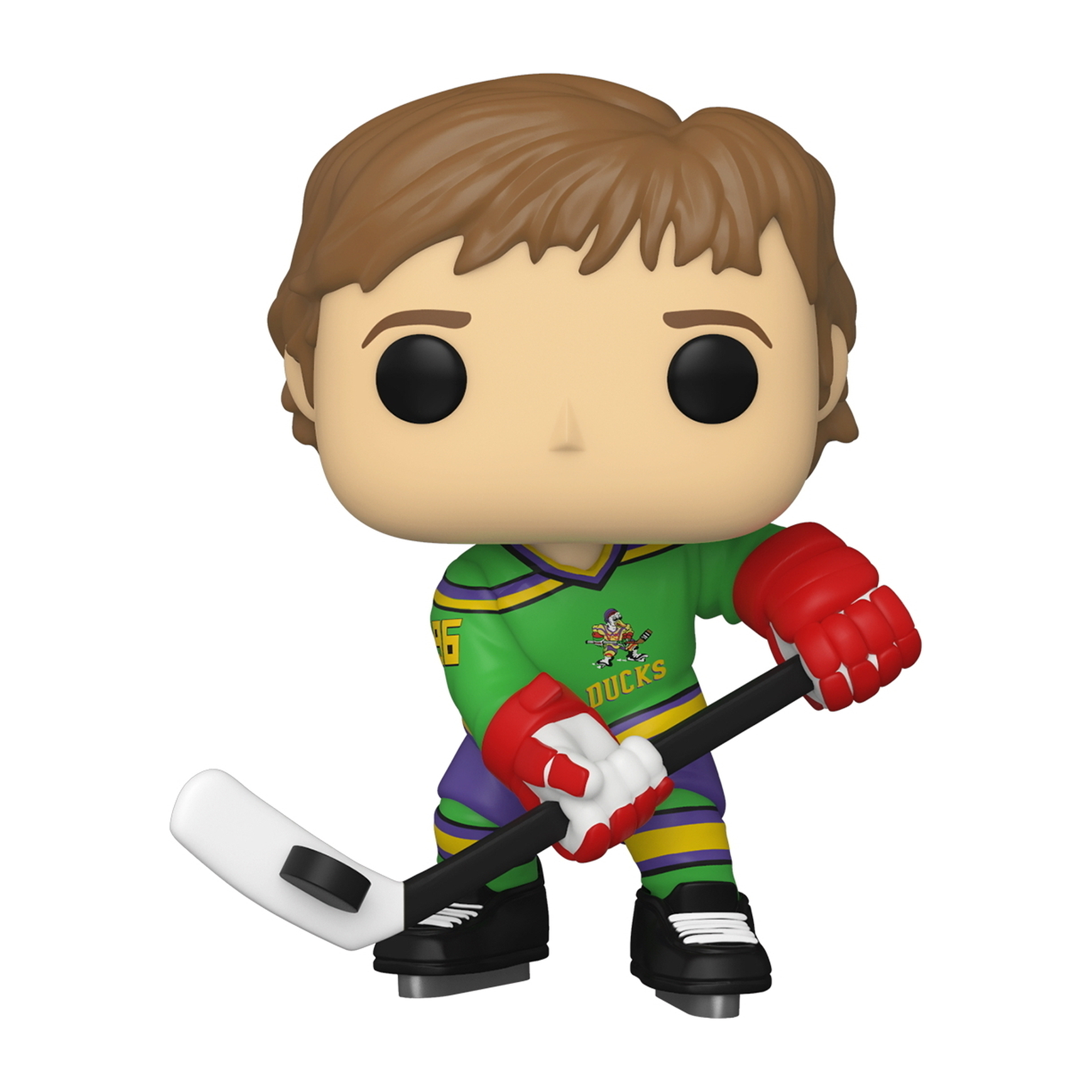 Una figura Funko Pop di un giocatore di hockey in divisa verde e viola, con una mazza.