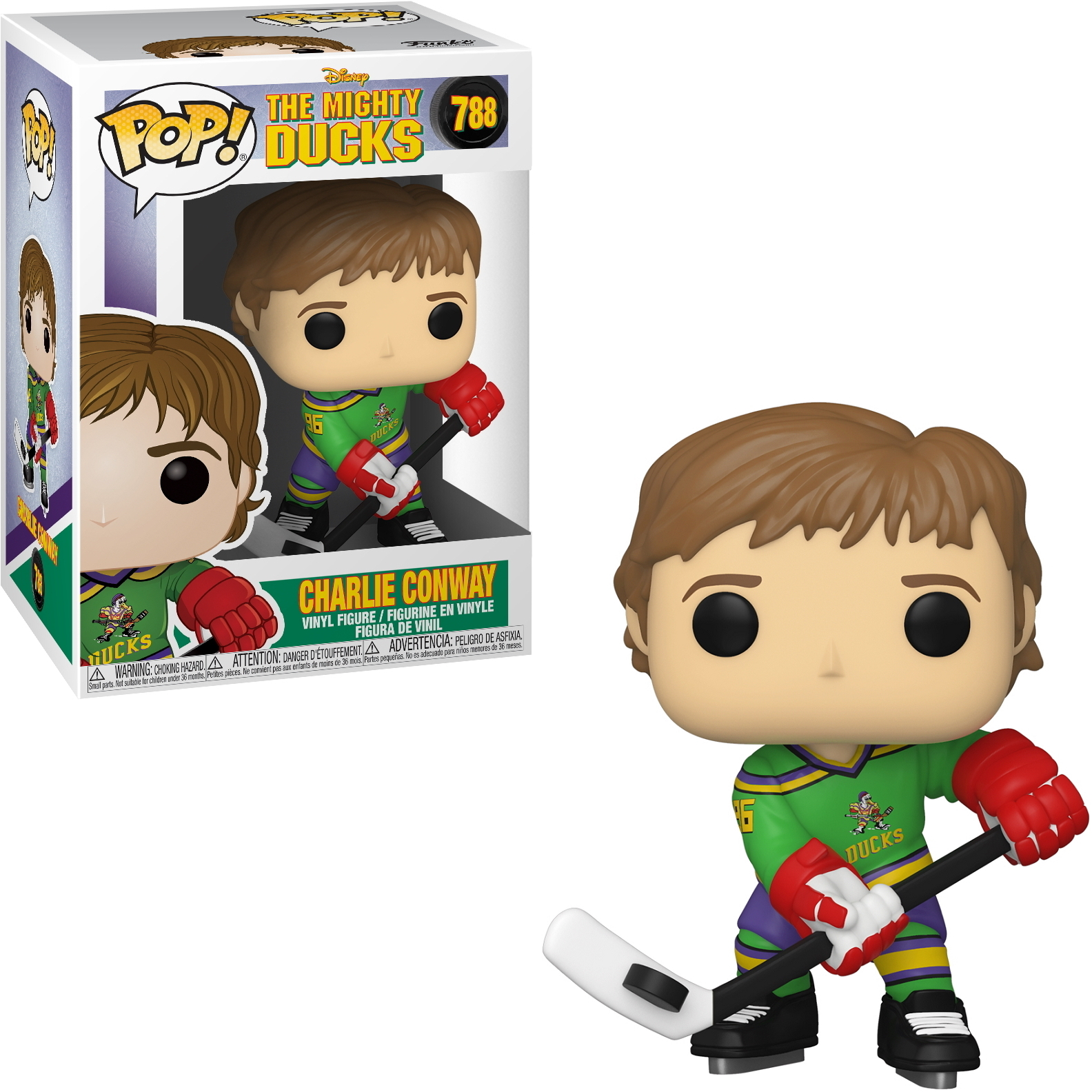 Figura di hockey di Charlie Conway, maglia verde, guanti rossi, tiene una mazza da hockey, sorridente.