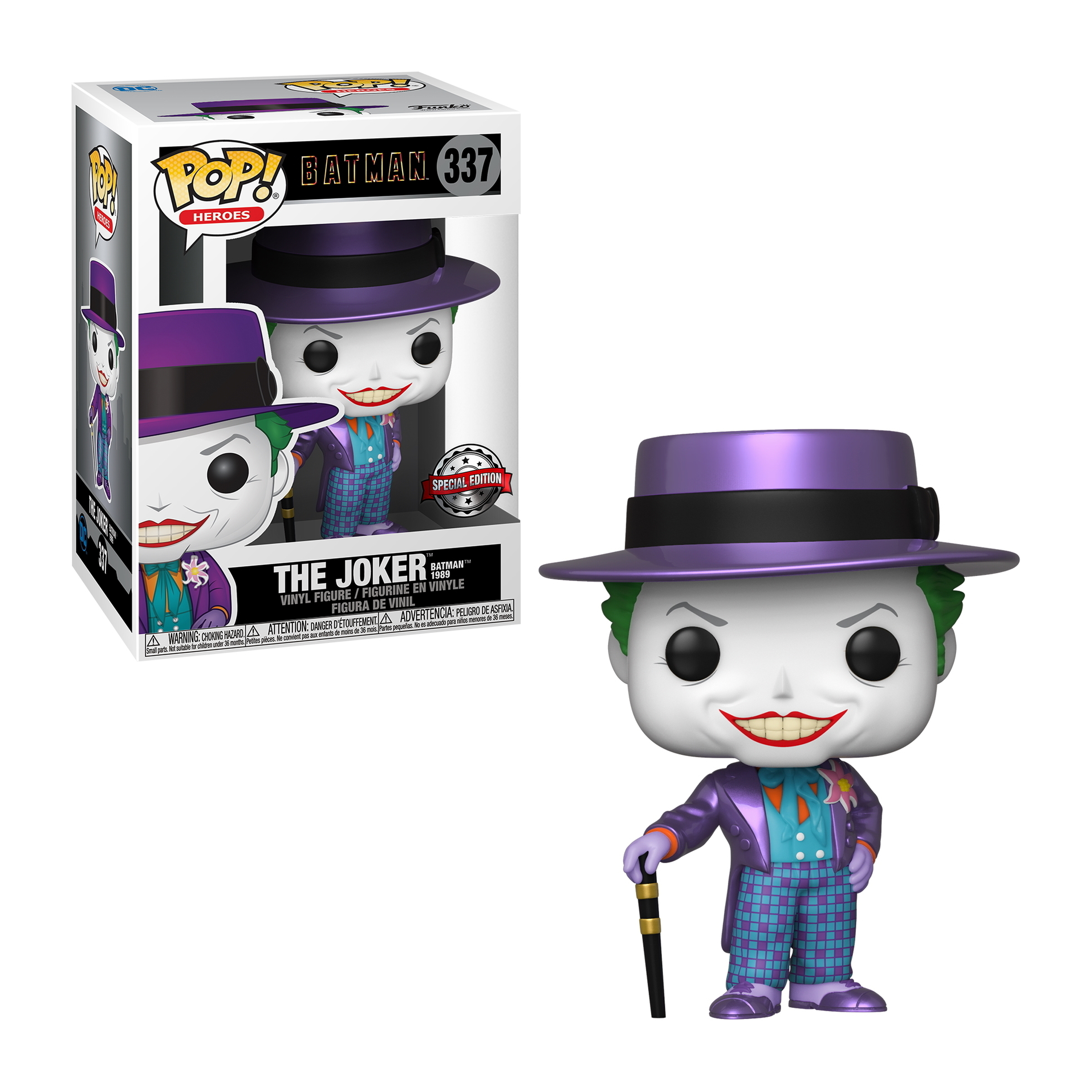 Joker-Figur mit lila Hut, grünen Haaren und Stock, in einer Box.