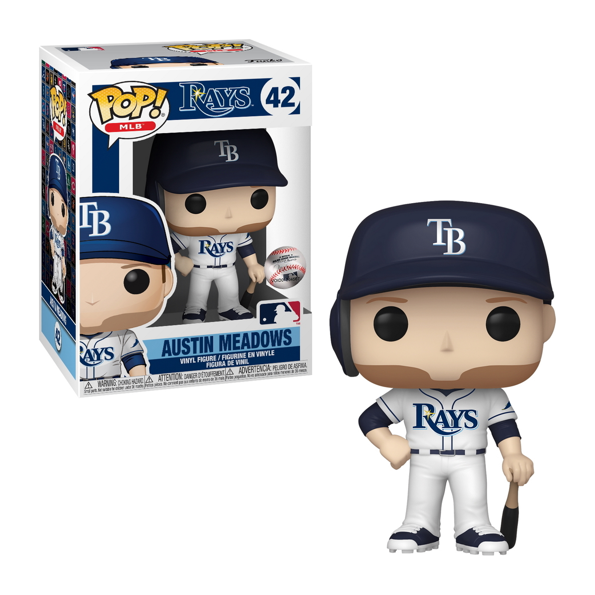 Funko Pop eines Baseballspielers in weiß-blauer Uniform, mit Schläger und Kappe.