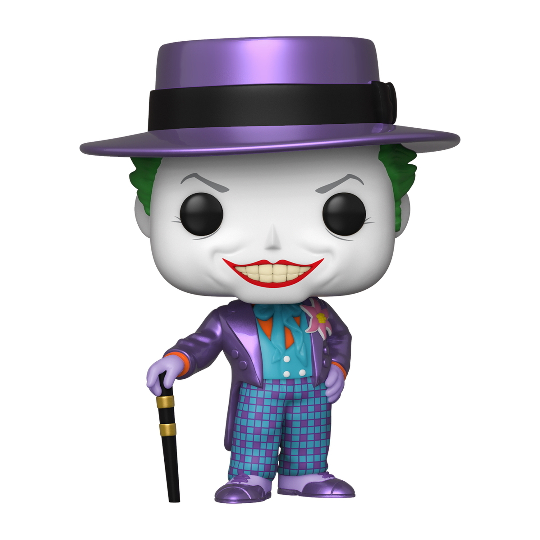 Joker-Figur in lila Anzug und Hut, grünes Haar, hält einen Stock, grinst böse.