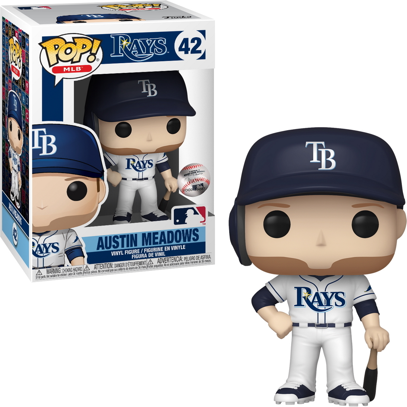 Funko Pop Figur eines Baseballspielers im Rays-Trikot, mit der Box, auf Weiß.