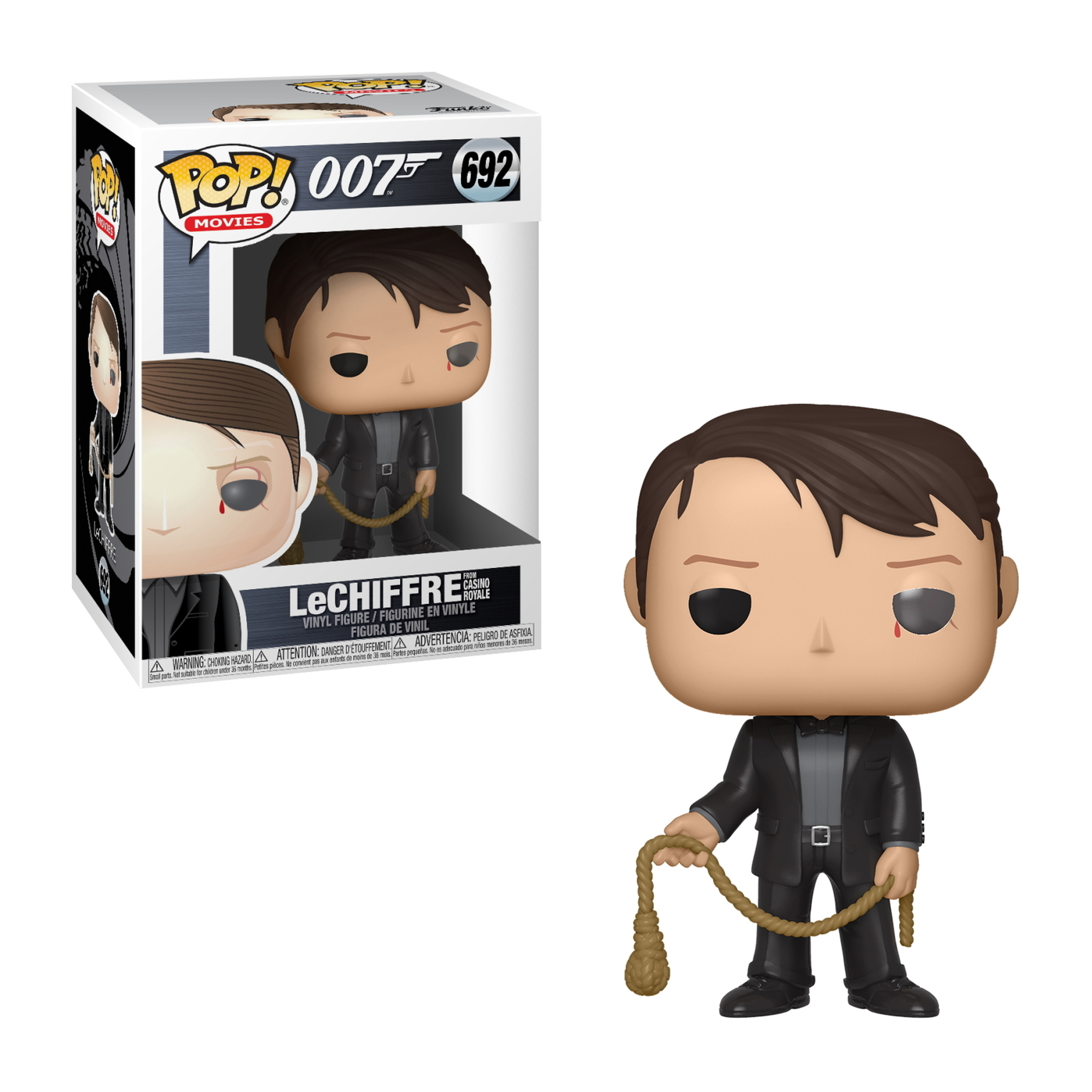 Figura Funko Pop di Le Chiffre. Abito nero, ferita all'occhio, tiene una corda. In scatola, da Casino Royale.