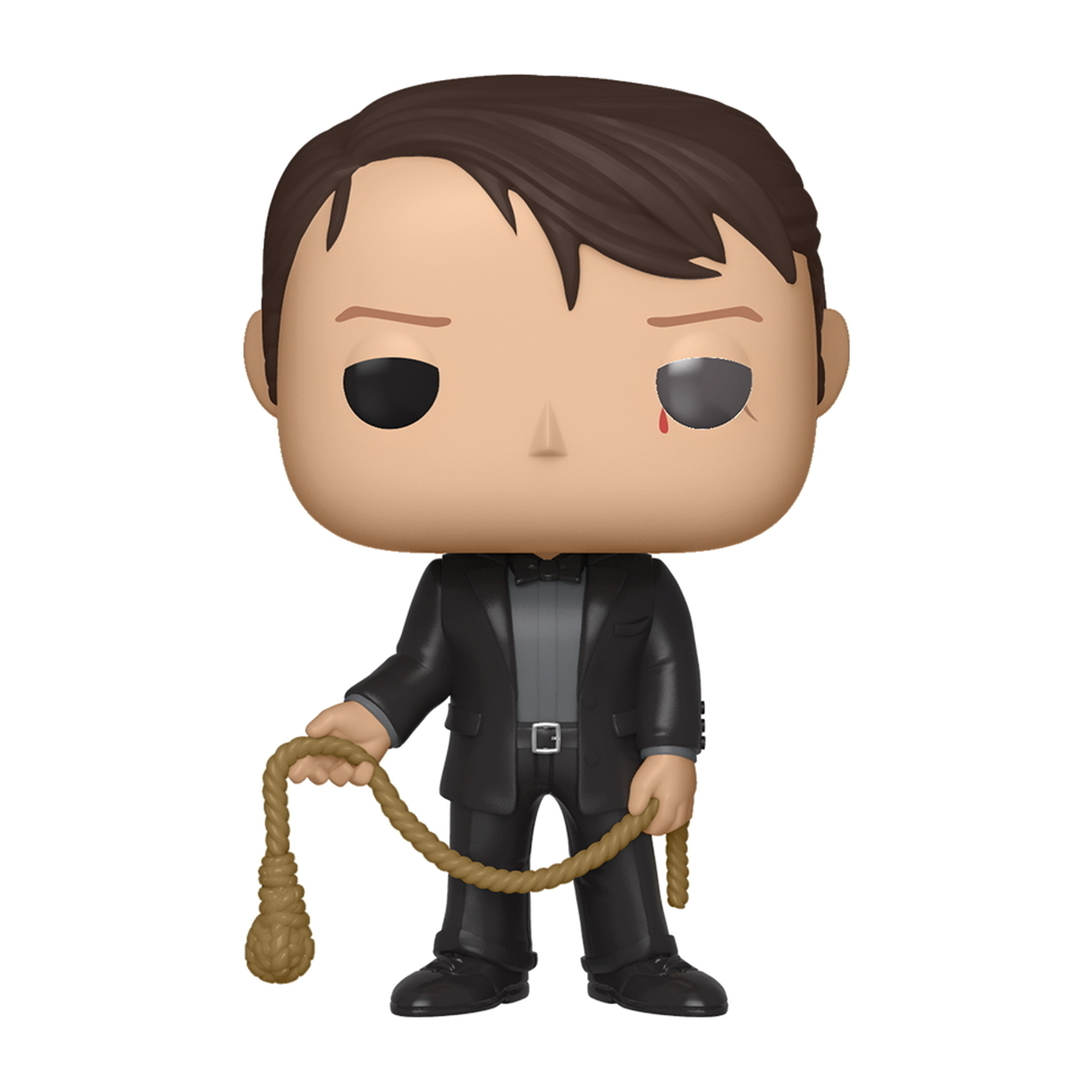 Funko Pop di un uomo in giacca e cravatta, con un cappio. Un occhio è rosso.