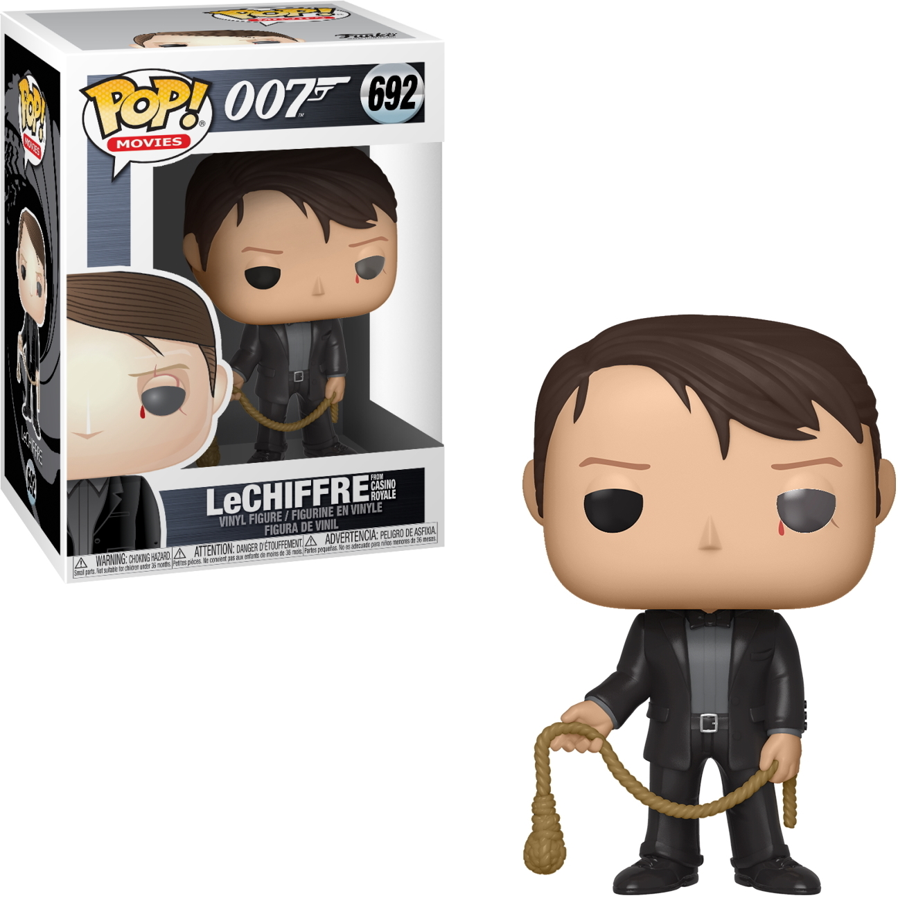 Figura Funko Pop di Le Chiffre. Abito scuro, capelli castani, lesione all'occhio, tiene una corda.
