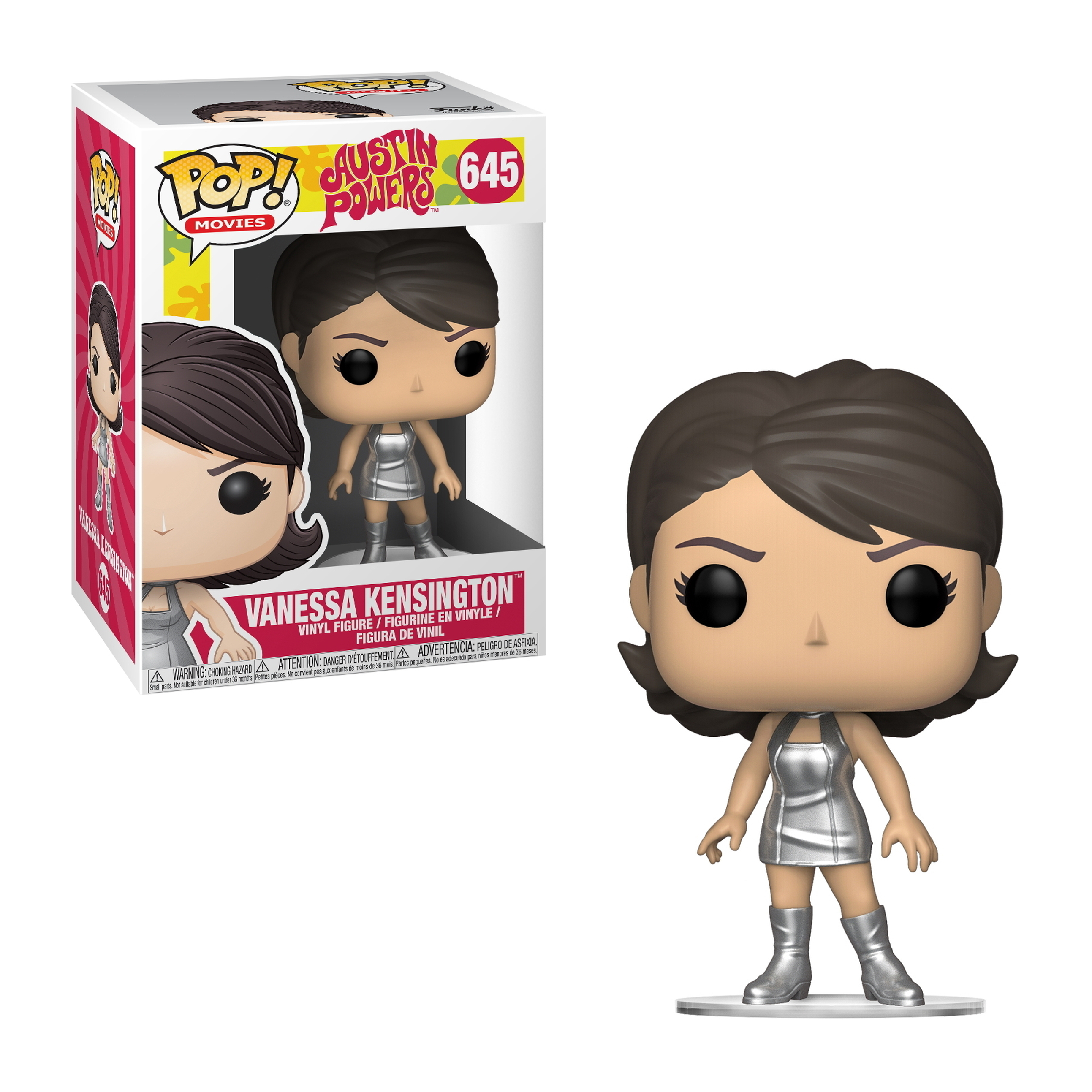 Figurka Vanessy Kensington, w srebrnej sukience i butach, krótkich brązowych włosach i grafiką na pudełku.
