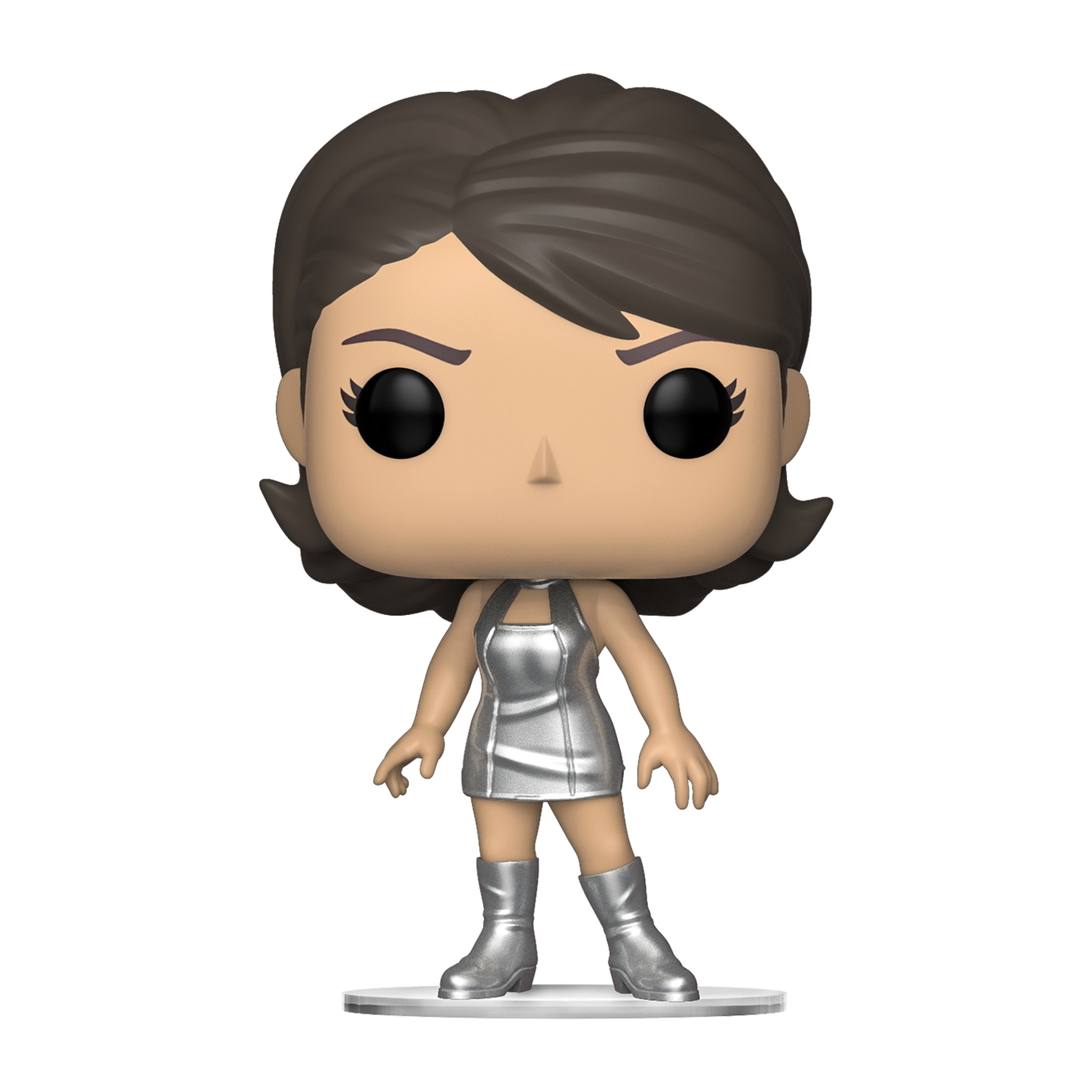 Figurka kobiety w srebrnej sukience i butach, ciemne włosy, stojąca na przezroczystej podstawie, neutralna twarz.