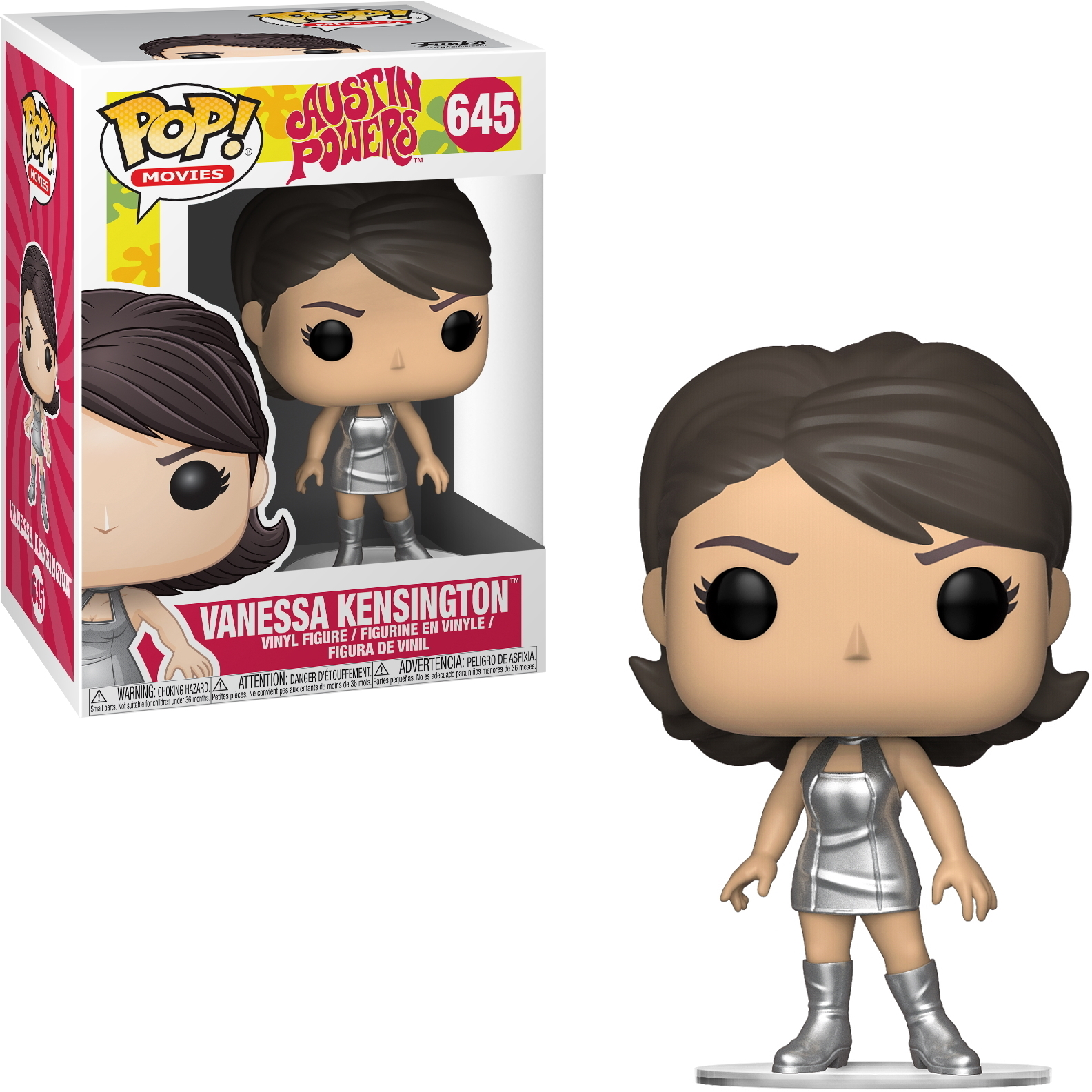 Figurka Vanessy Kensington Funko Pop w pudełku. Nosi srebrną sukienkę, buty i ma brązowe włosy.