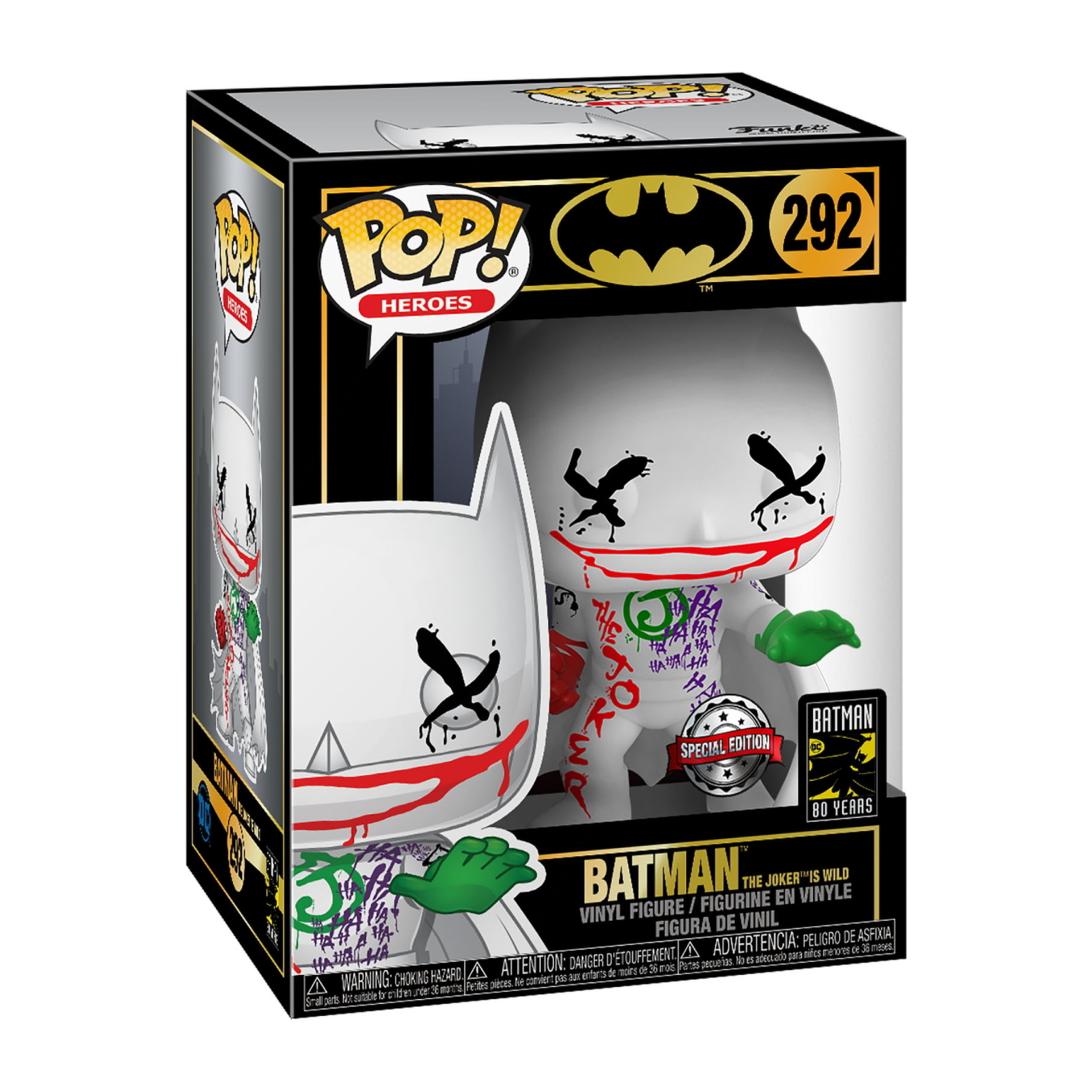 Eine weiße Funko Pop Figur von Joker mit Graffiti auf dem Körper, in einer Box. Batman-Logo auf der Box.