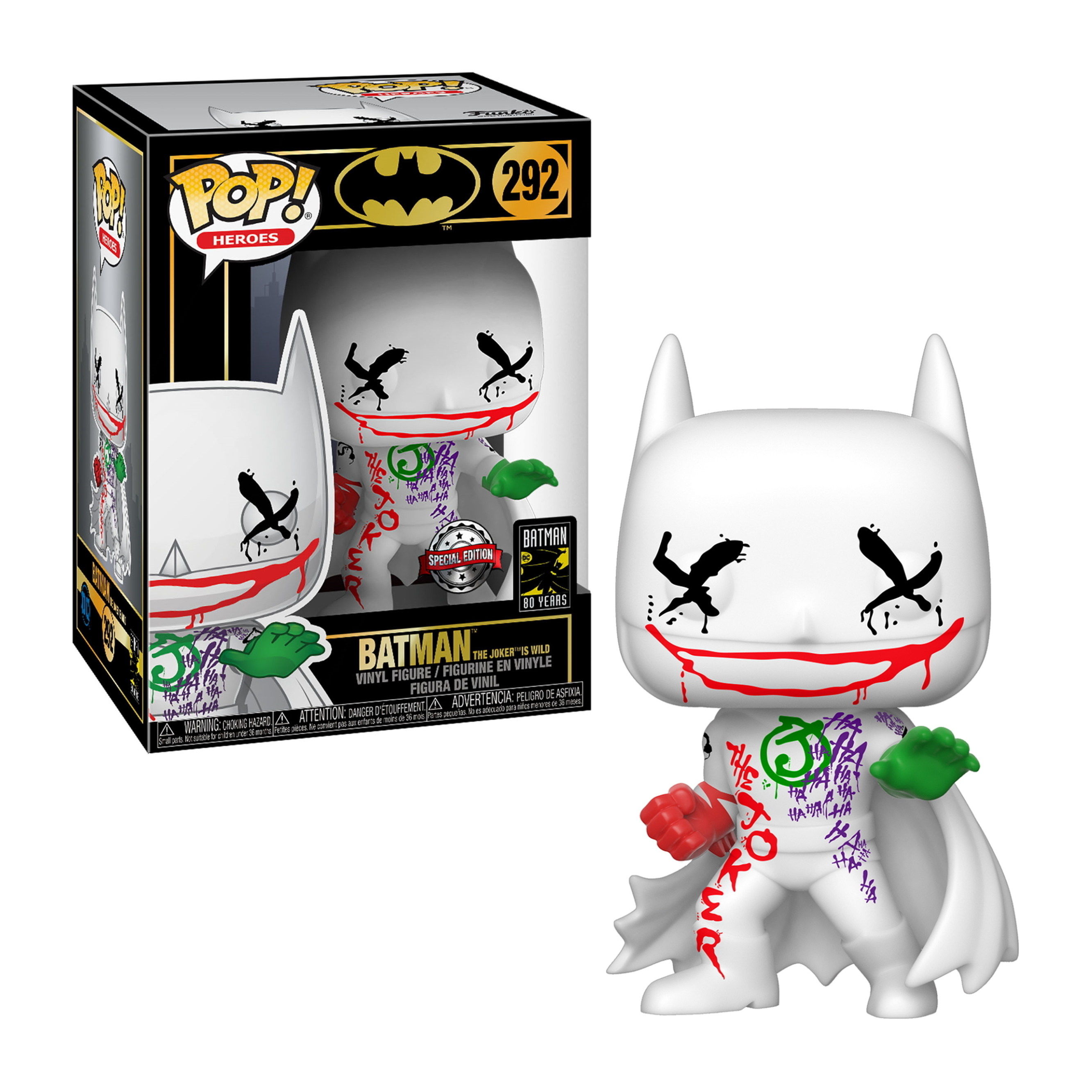 Batman als Joker Figur. Weißer Anzug, grünes Haar, Joker-Gesicht, mit einer Box, die die Figur zeigt.